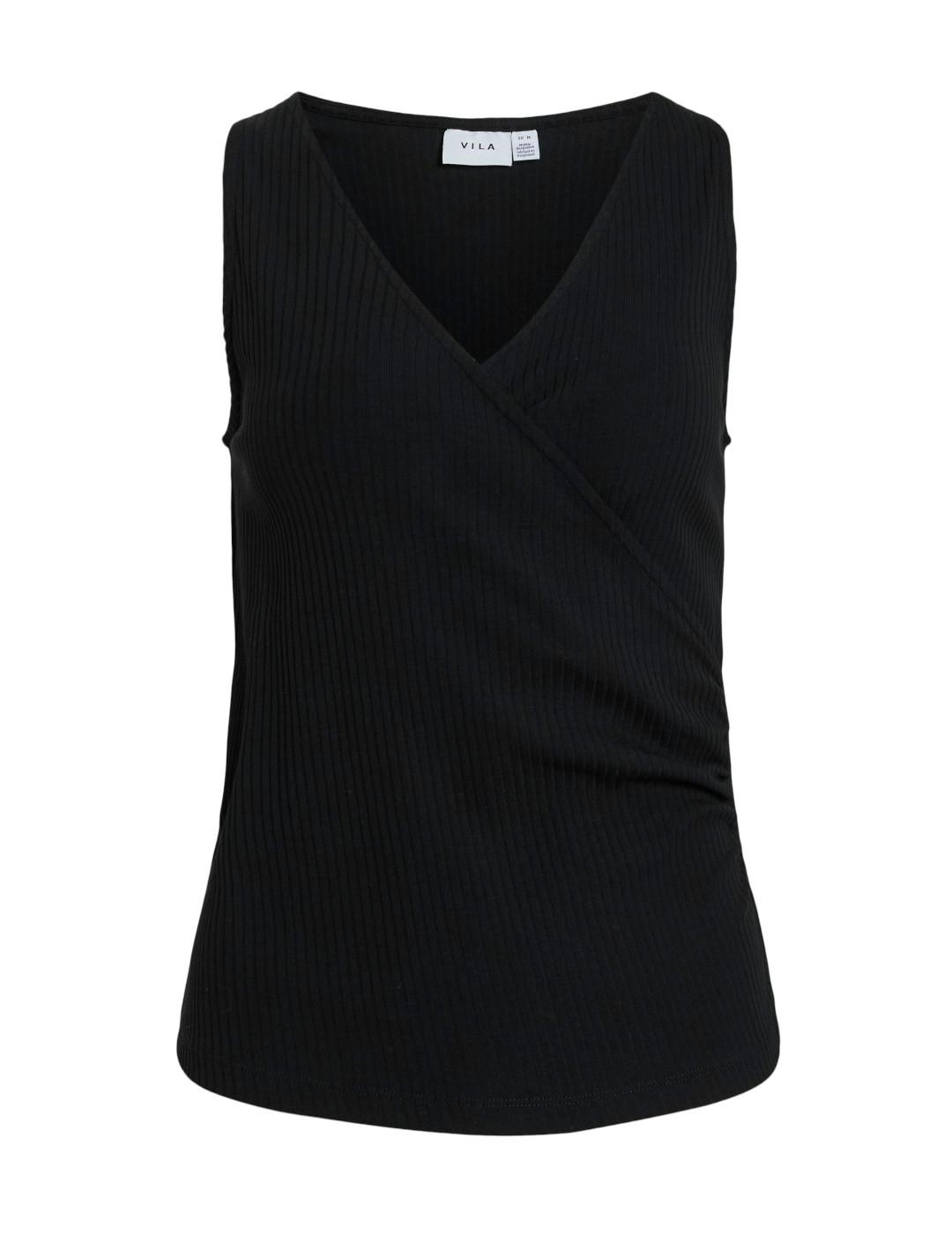 Camiseta Vila Nimeo negra sisa cuello V acanalada para mujer