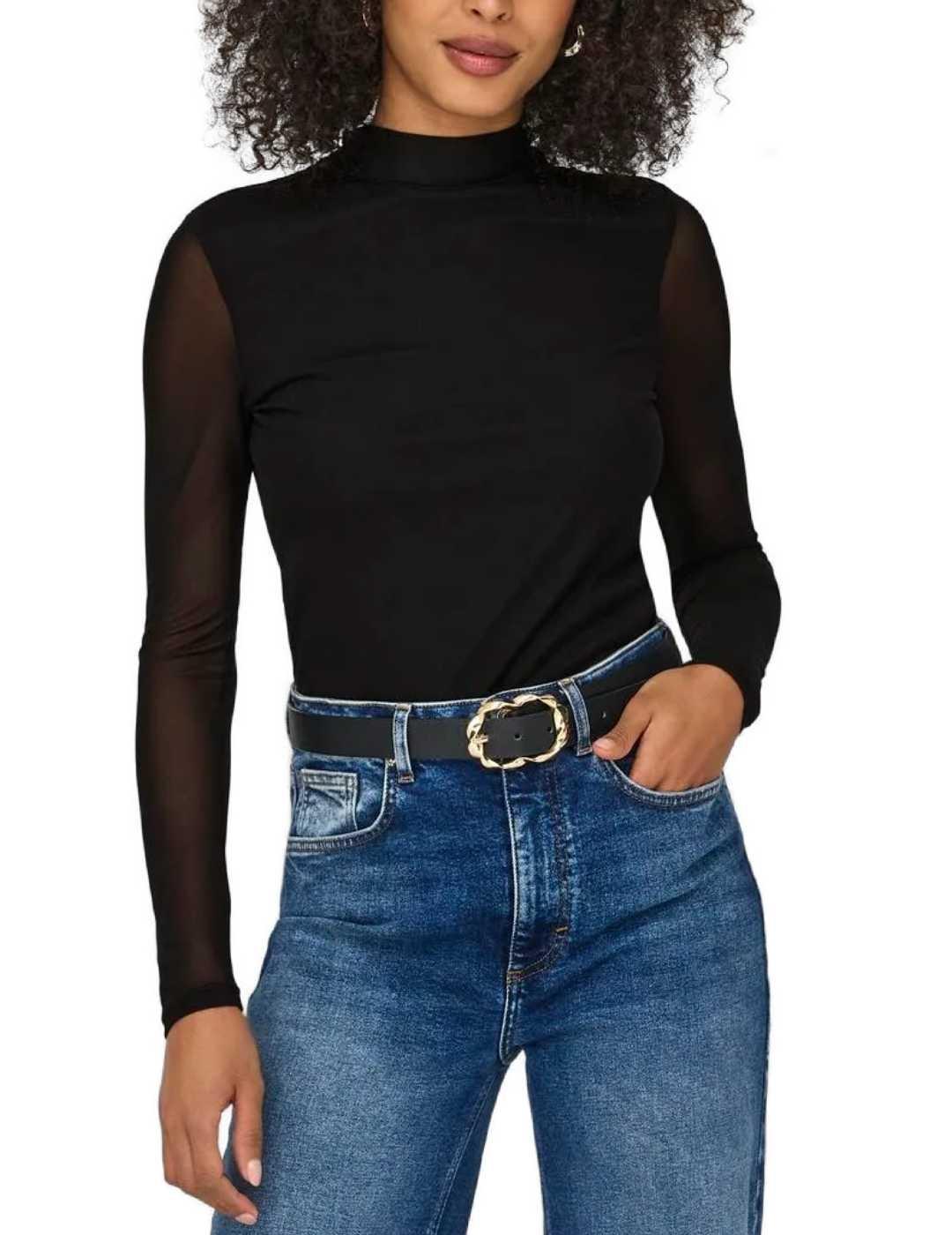 Camiseta Only Erica negra tul manga larga para mujer