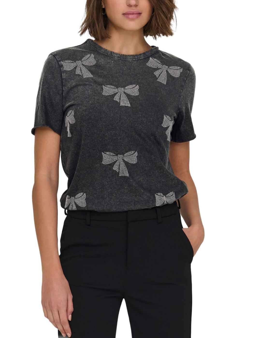 Camiseta Only Lucy negra lazos brillos manga corta de mujer