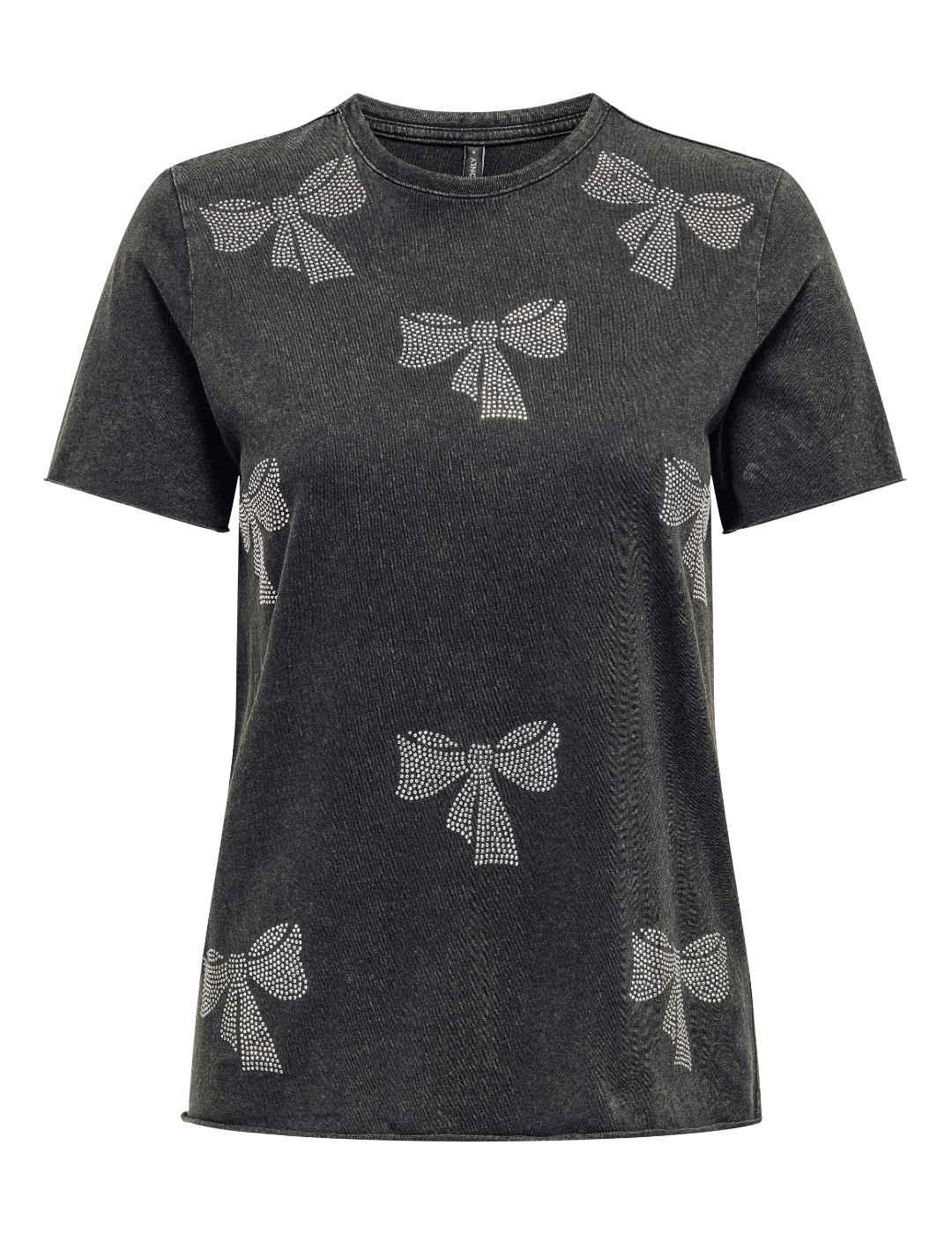 Camiseta Only Lucy negra lazos brillos manga corta de mujer