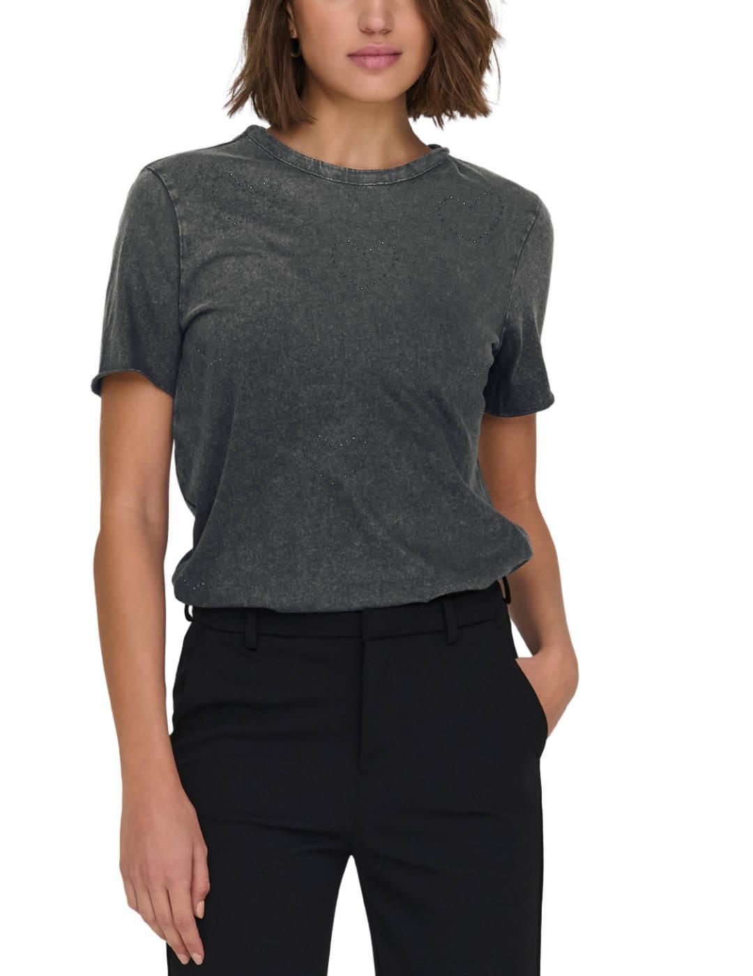 Camiseta Only Lucy negra corazones brillos de mujer