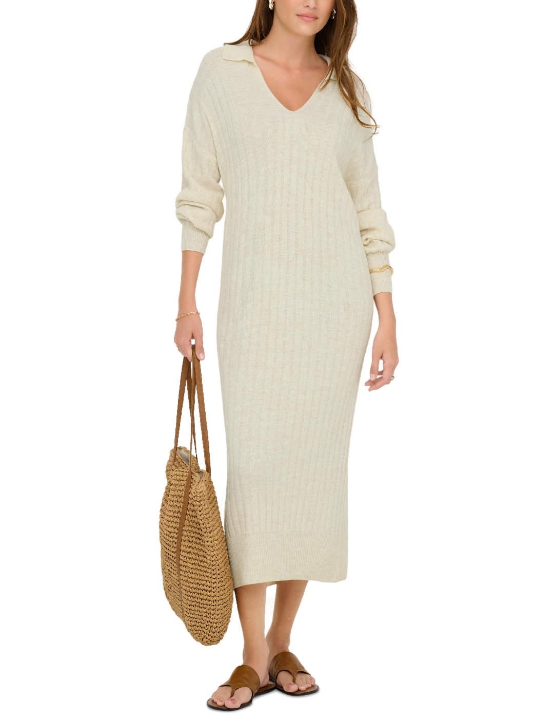 Vestido Only Tessa largo crudo scote en V manga larga mujer