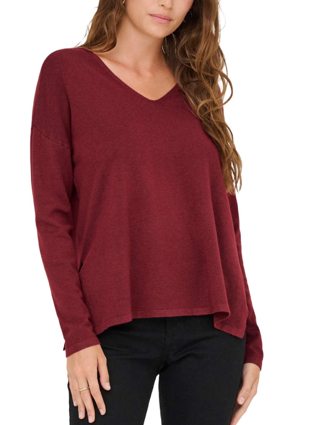 Jersey Only Amalio cuello pico granate manga larga de mujer