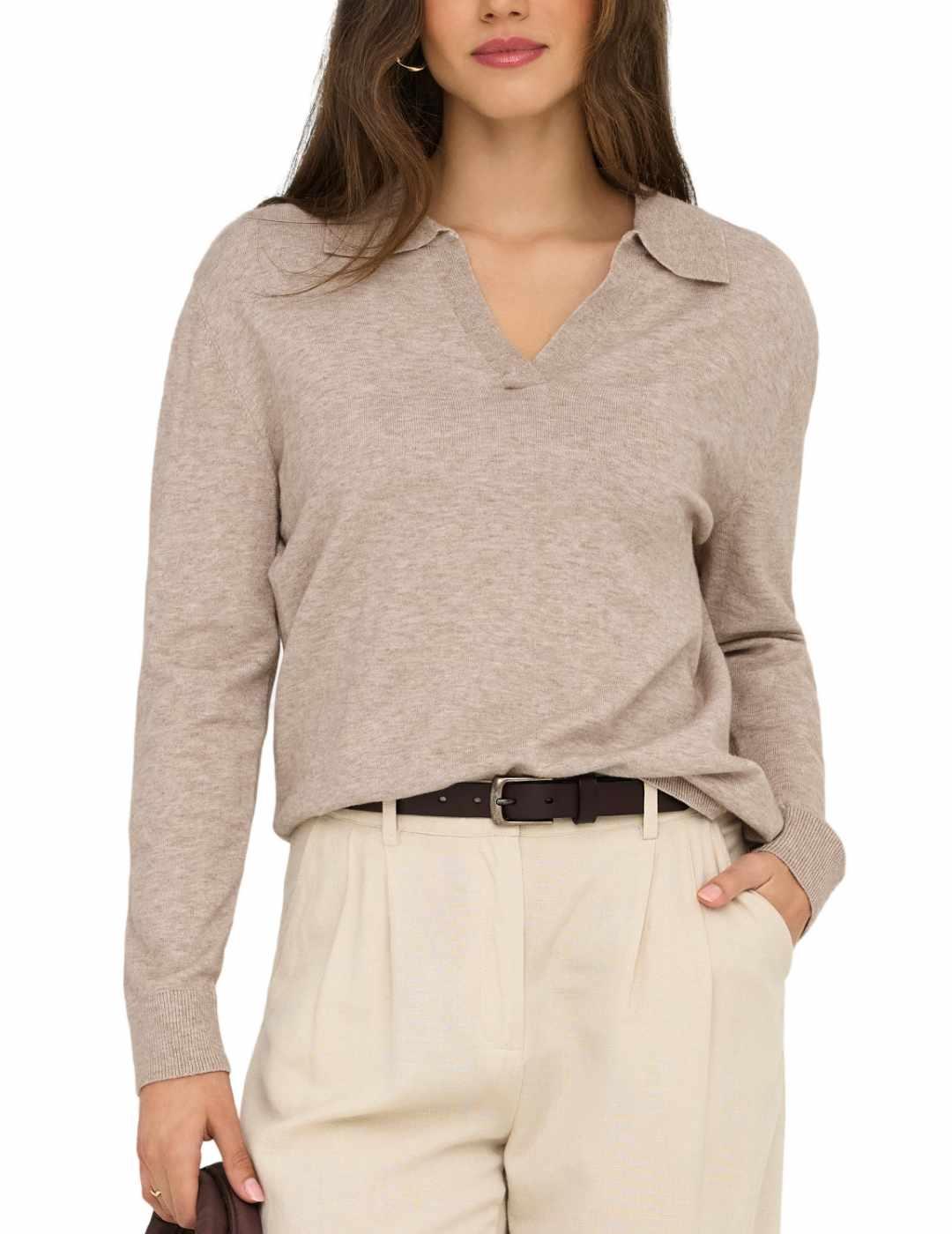 Polo Only Ibi de punto beige cuello camisero para mujer