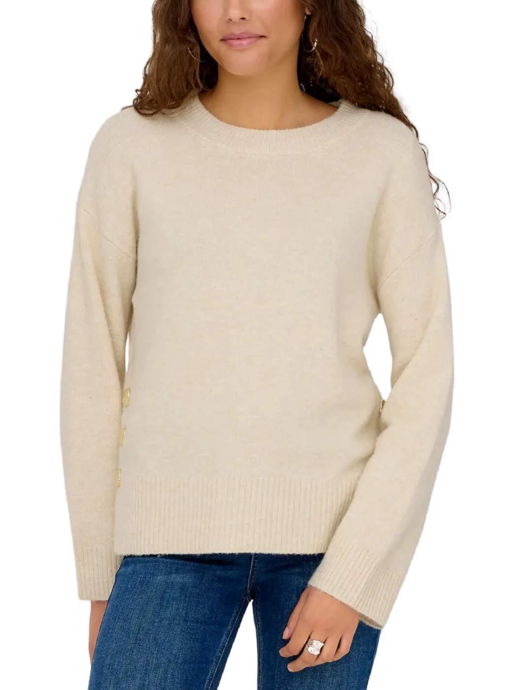 Jersey Only Rene beige cuello redondo con botones para mujer