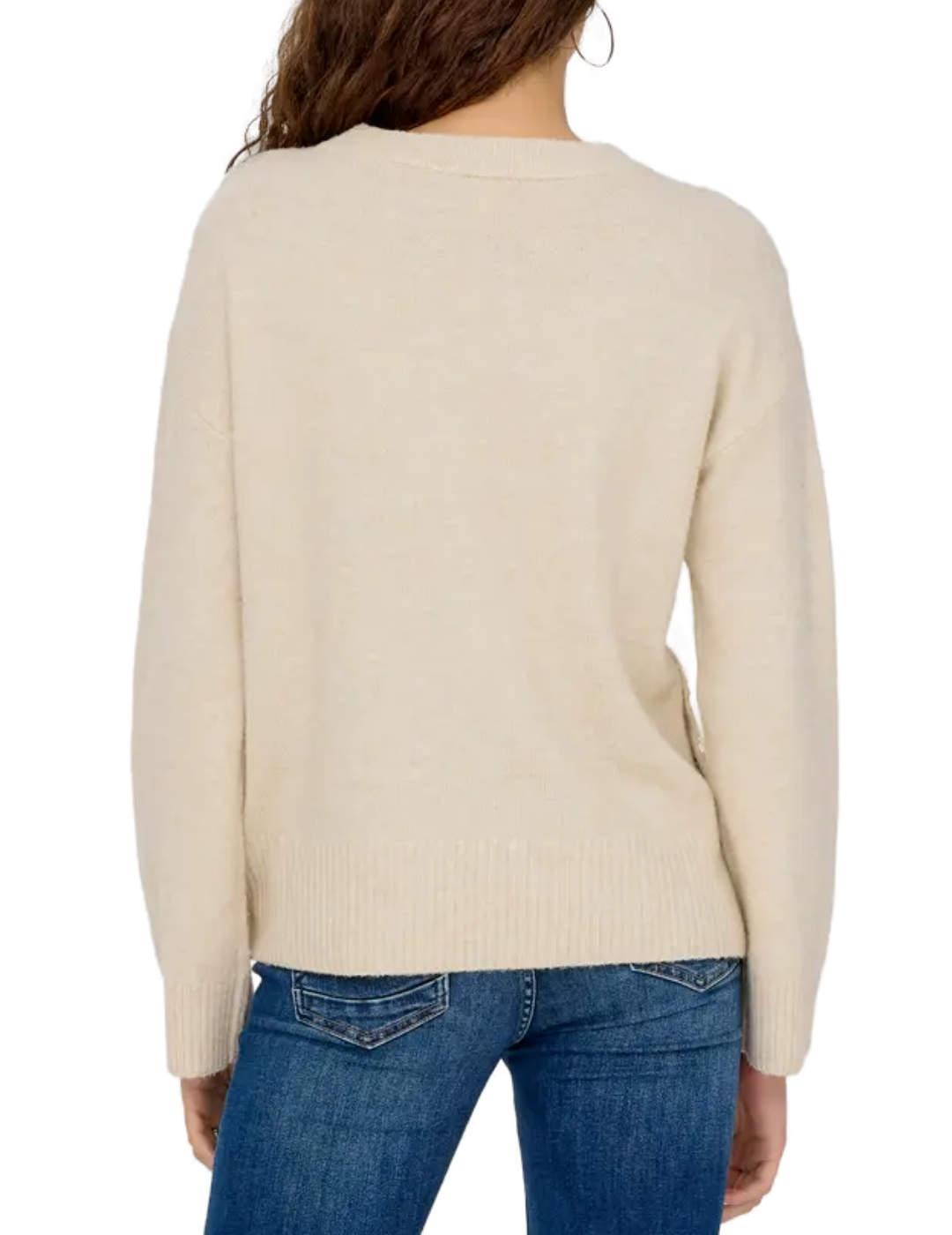 Jersey Only Rene beige cuello redondo con botones para mujer