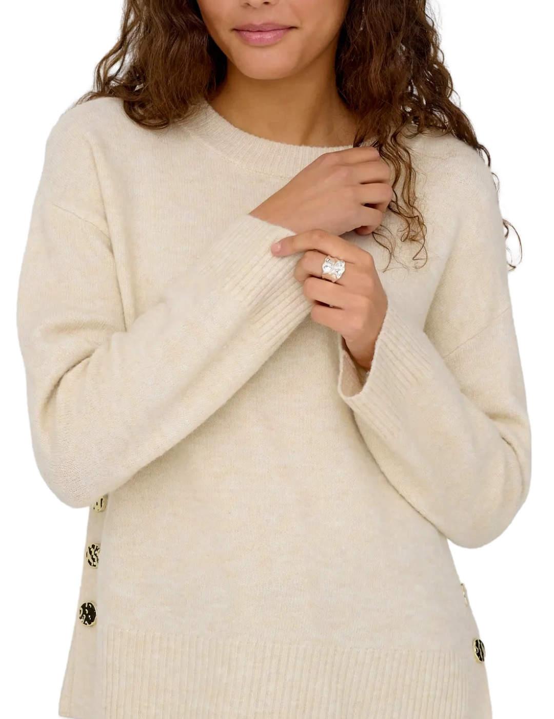 Jersey Only Rene beige cuello redondo con botones para mujer