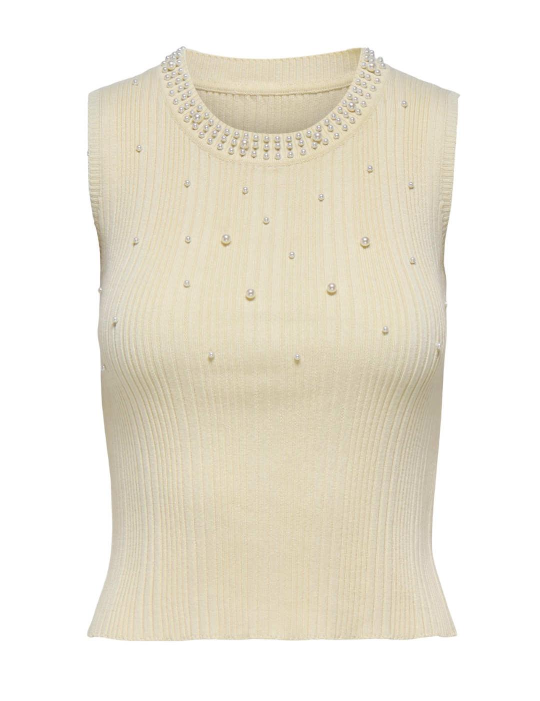 Camiseta Only Meg sisa beige con perlas de mujer