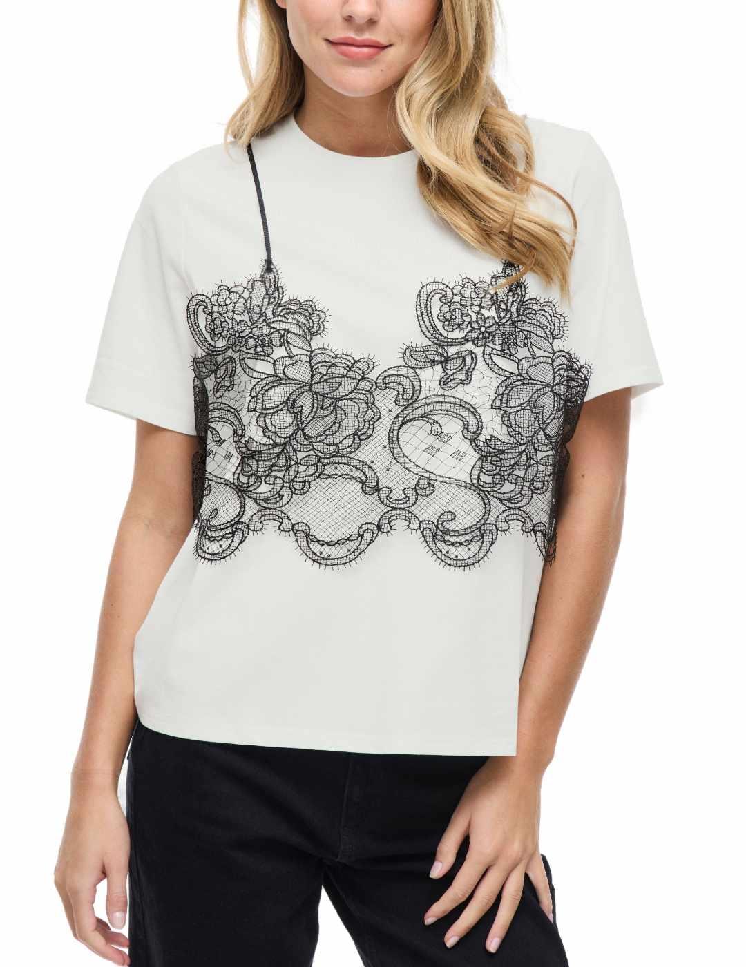 Camiseta Vila Rada blanca top encaje manga corta para mujer