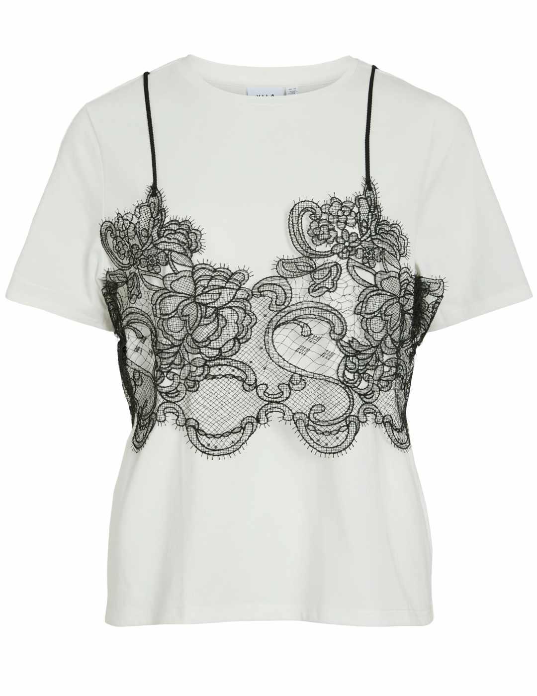 Camiseta Vila Rada blanca top encaje manga corta para mujer