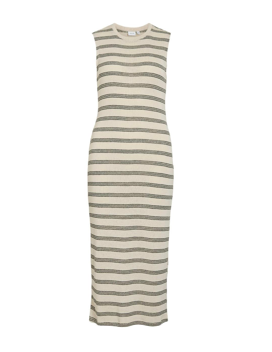 Vestido Vila Hermina midi crudo rayas negra punto para mujer