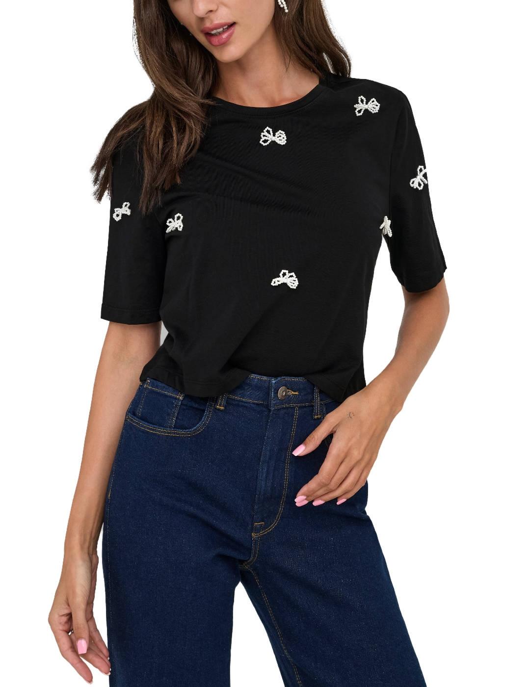 Camiseta Only Joni negra lazos perlas manga corta para mujer