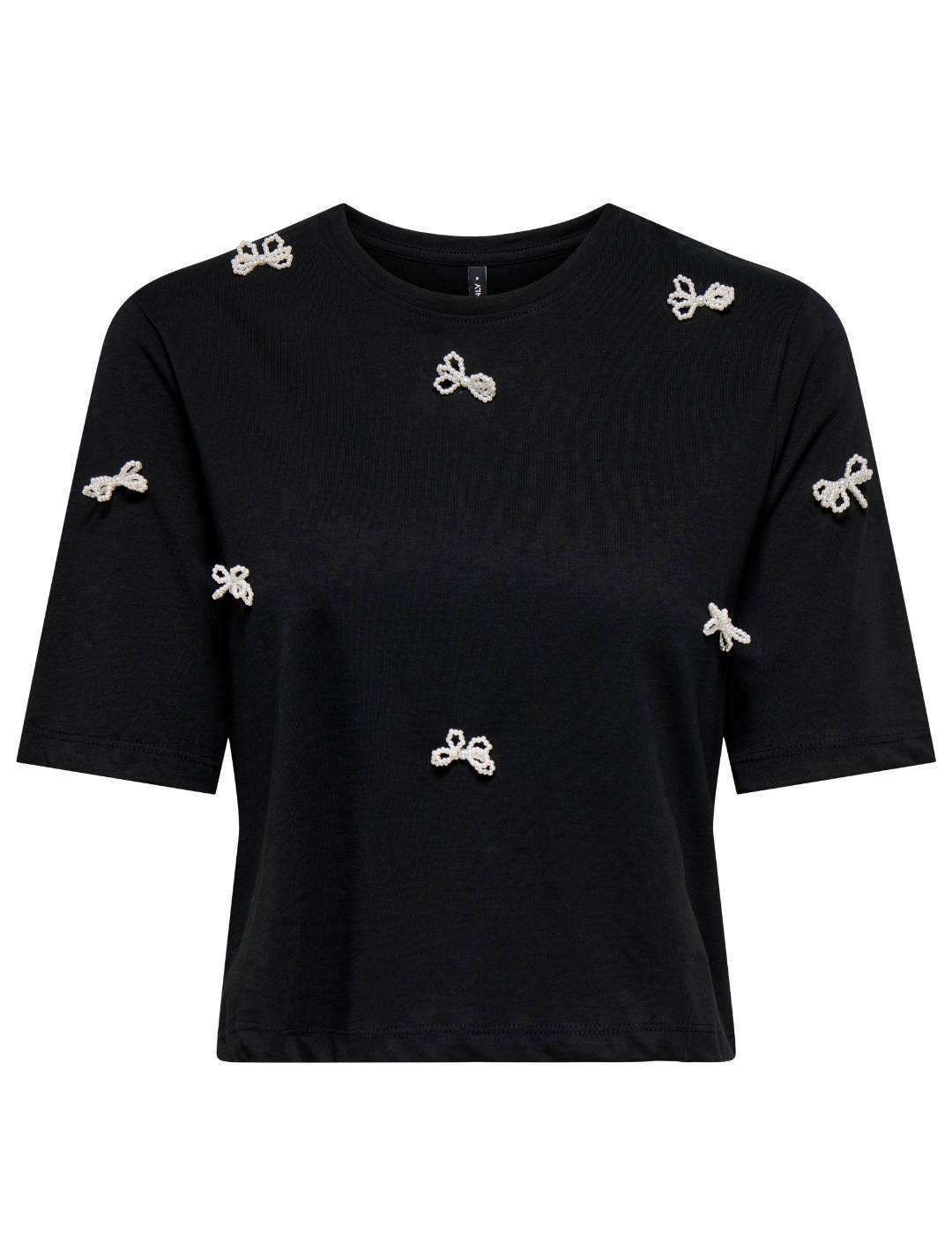 Camiseta Only Joni negra lazos perlas manga corta para mujer