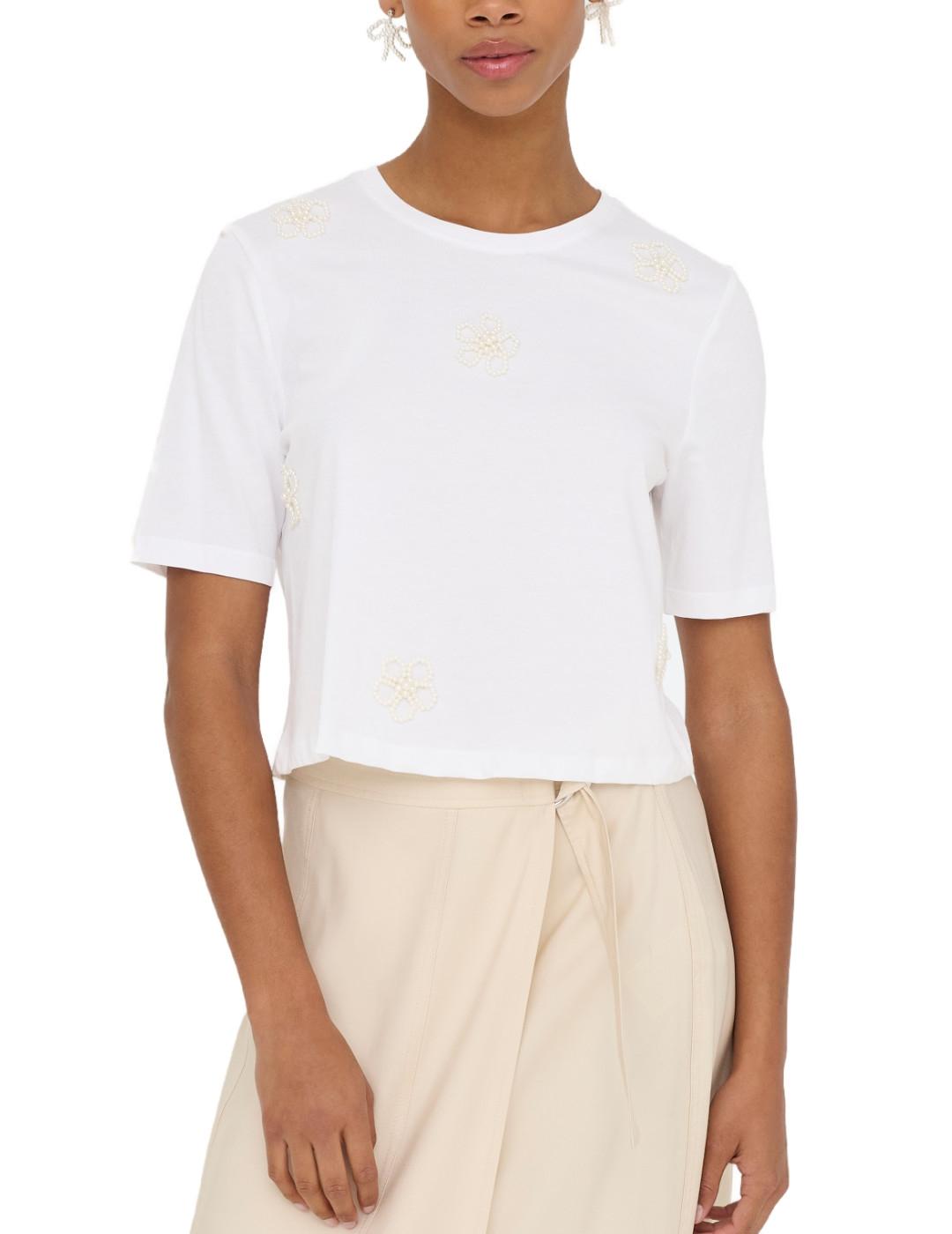 Camiseta Only Joni blanca lazos perlas manga corta de mujer