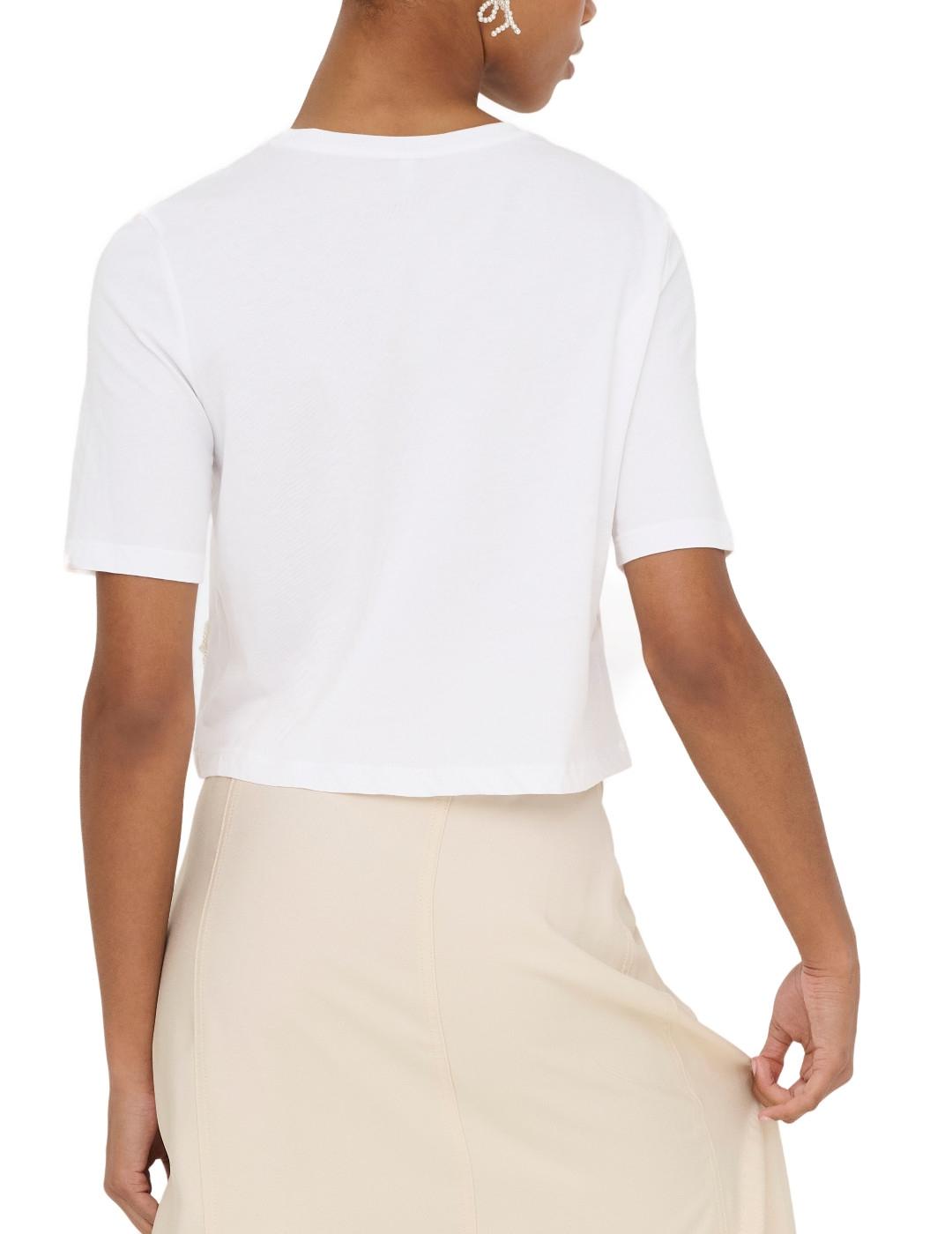 Camiseta Only Joni blanca lazos perlas manga corta de mujer