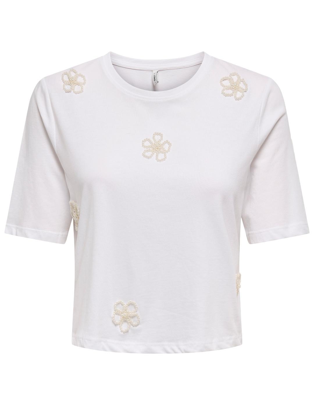 Camiseta Only Joni blanca lazos perlas manga corta de mujer