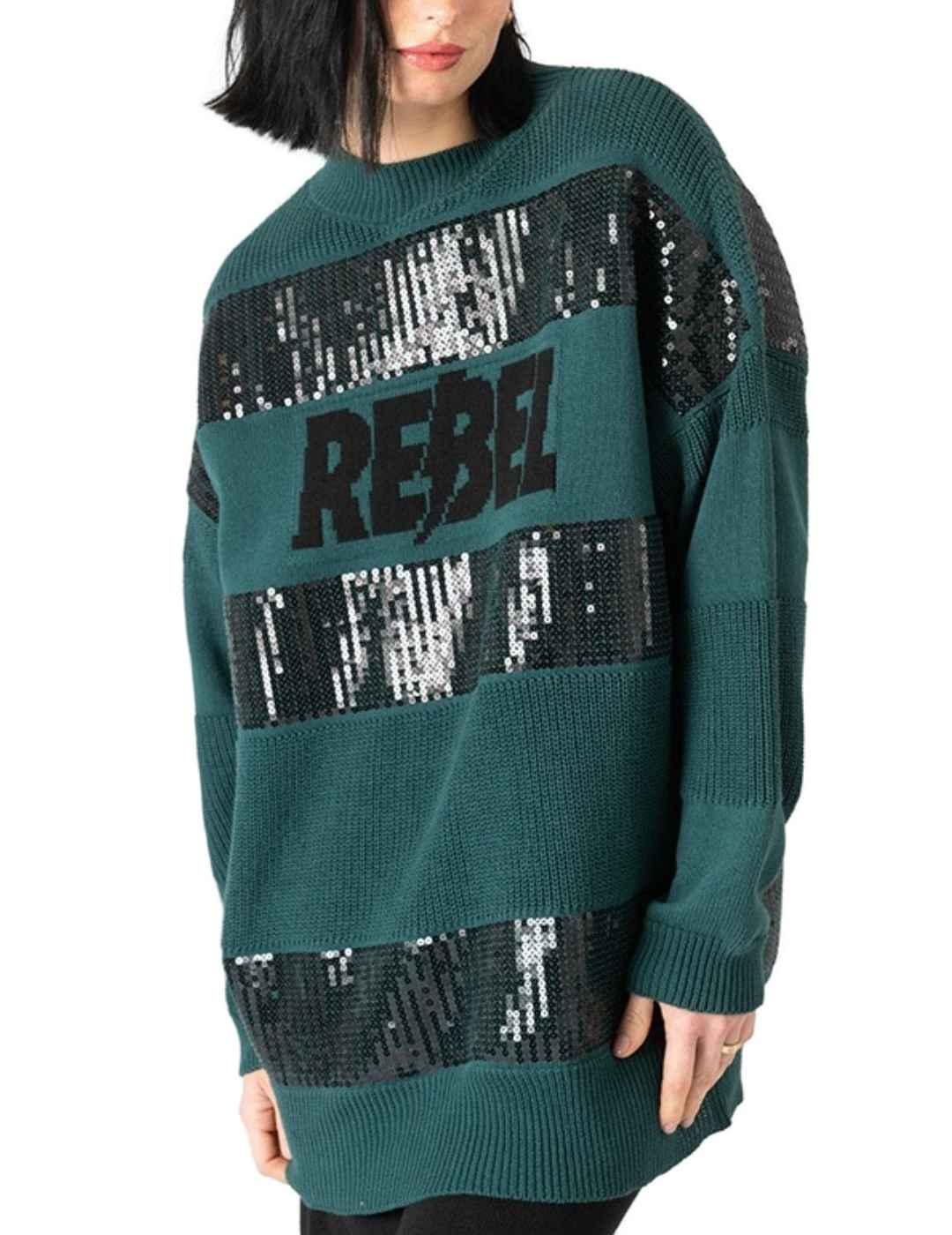 Jersey Animosa Rebel verde con brillos de punto para mujer