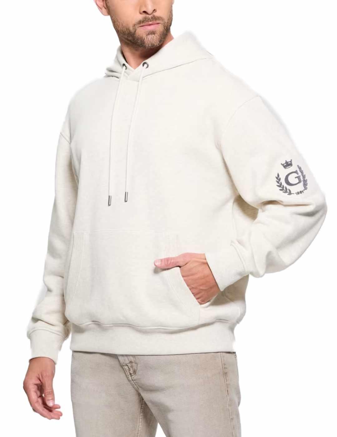 Sudadera Guess Chenille beige claro con capucha para hombre
