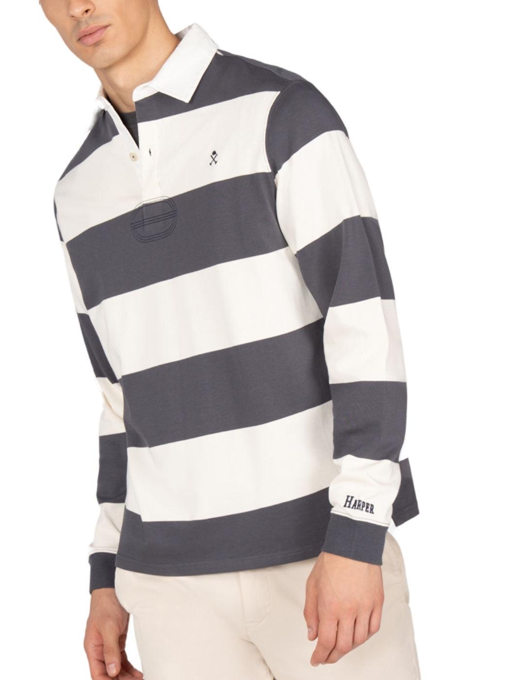 Polo Harper&Neyer Rugby negro rayas manga larga de hombre
