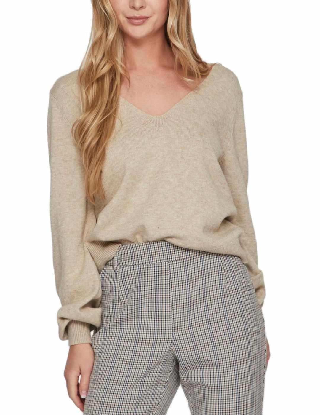 Jersey Vila Ril beige troquelado cuello pico para mujer