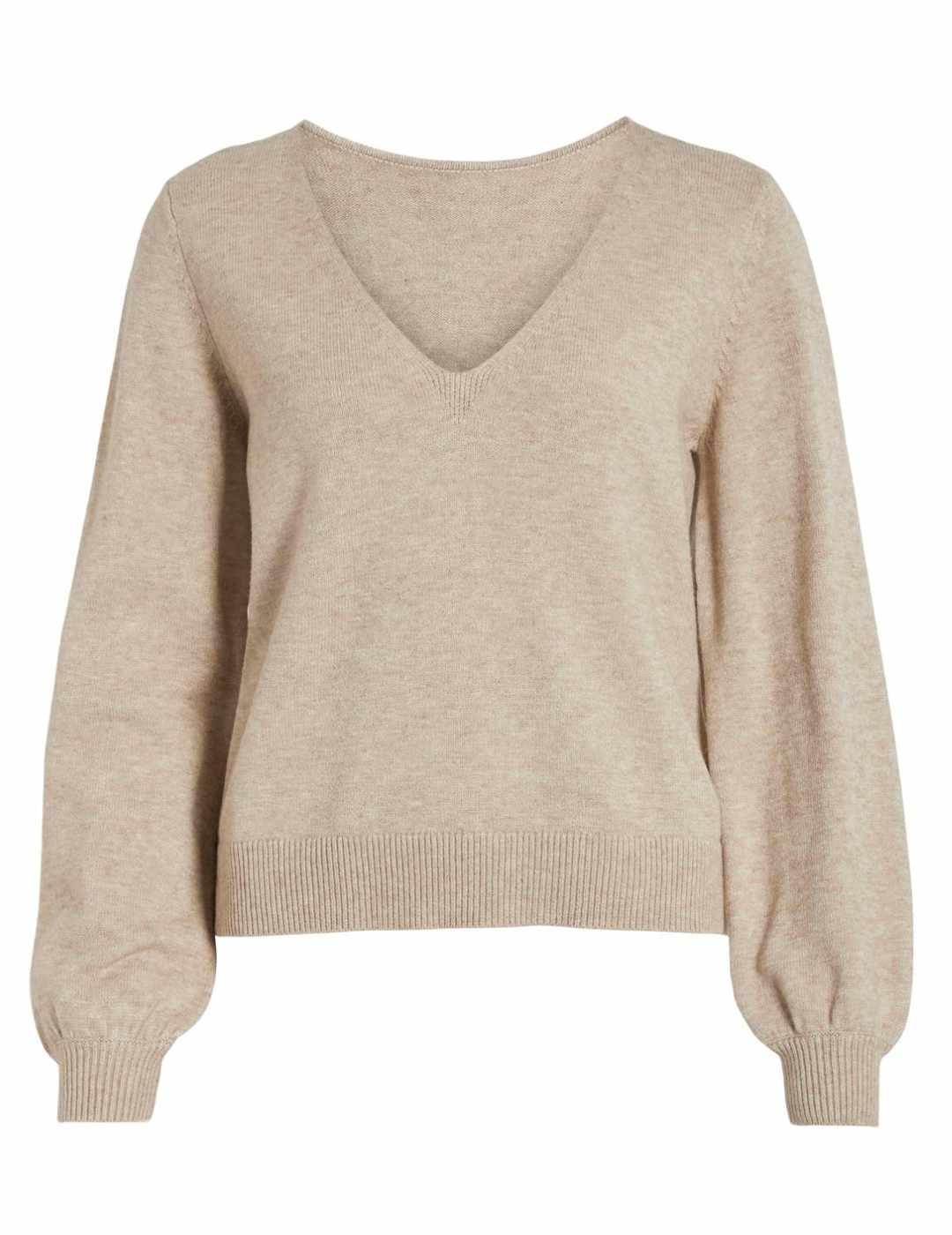 Jersey Vila Ril beige troquelado cuello pico para mujer
