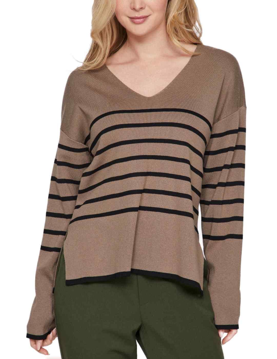 Jersey Vila Ostria beige y rayas negras troquelado de mujer