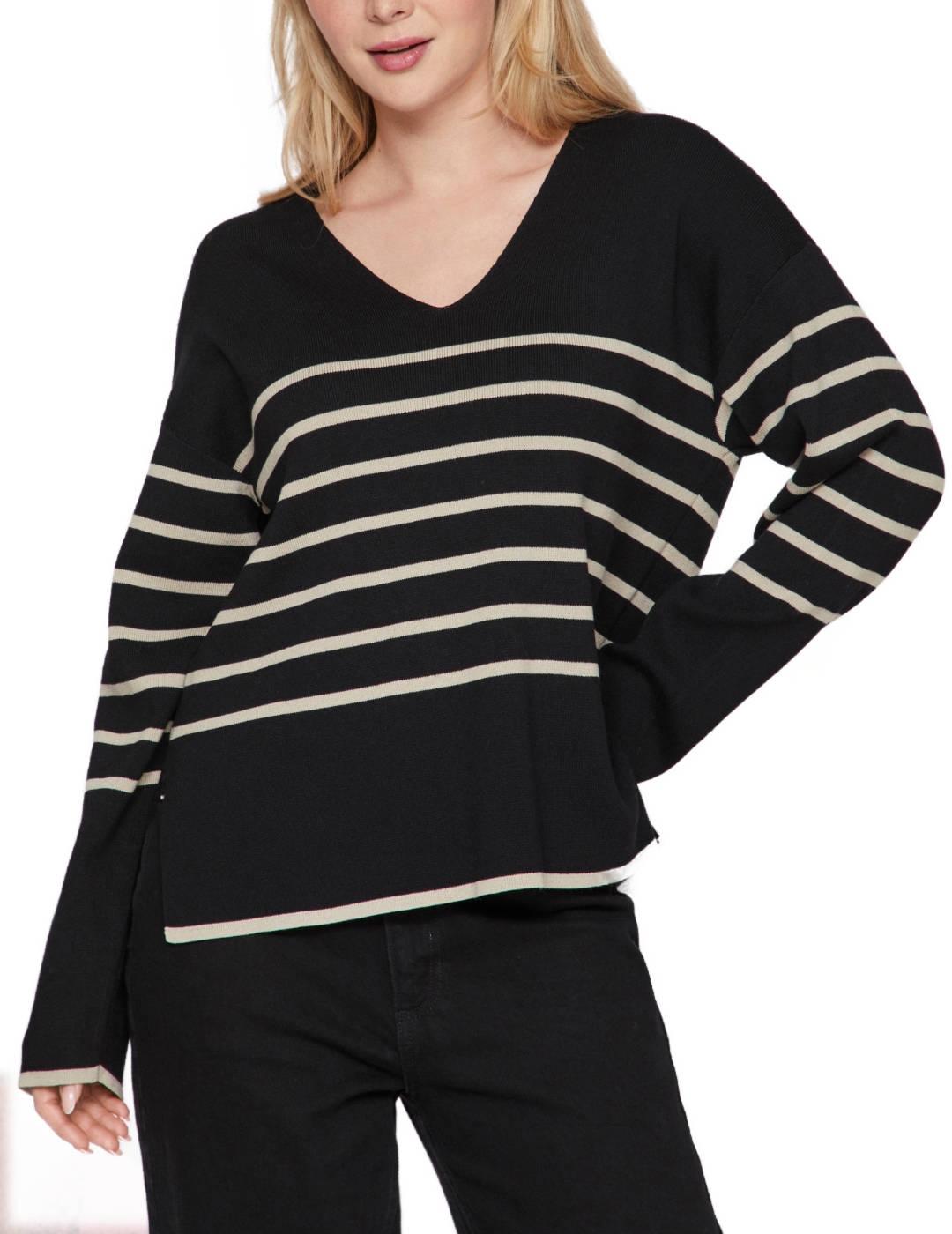 Jersey Vila Ostria negro y rayas  beige troquelado de mujer