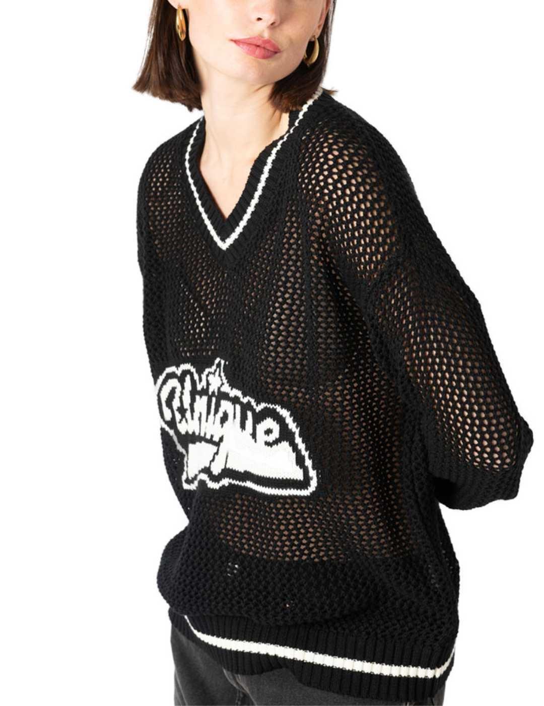 Jersey Animosa de punto Unique negro tejido de red de mujer