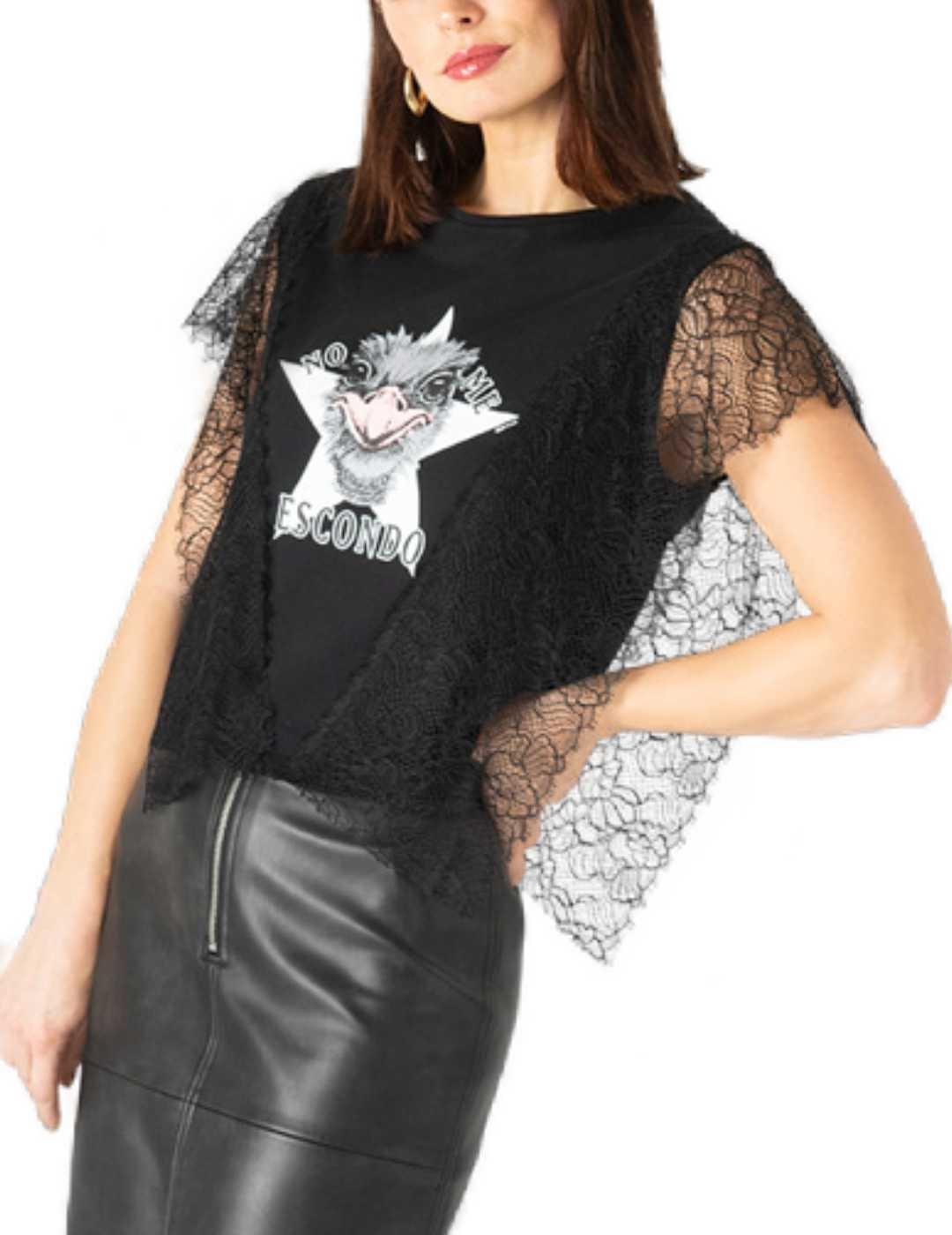 Camiseta Animosa negra No Me Escondo manga encaje de mujer