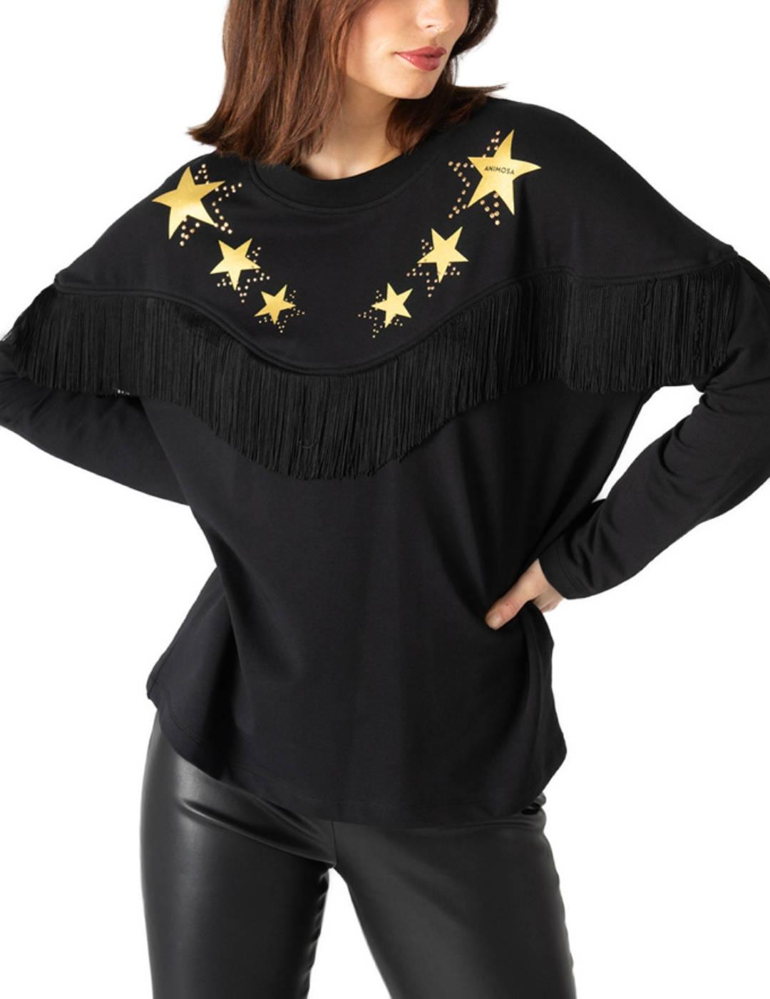 Sudadera Animosa negra con flecos y estrellas para mujer
