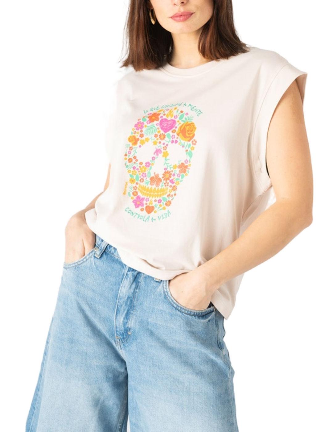 Camiseta Animosa Calavera flores estampada para mujer