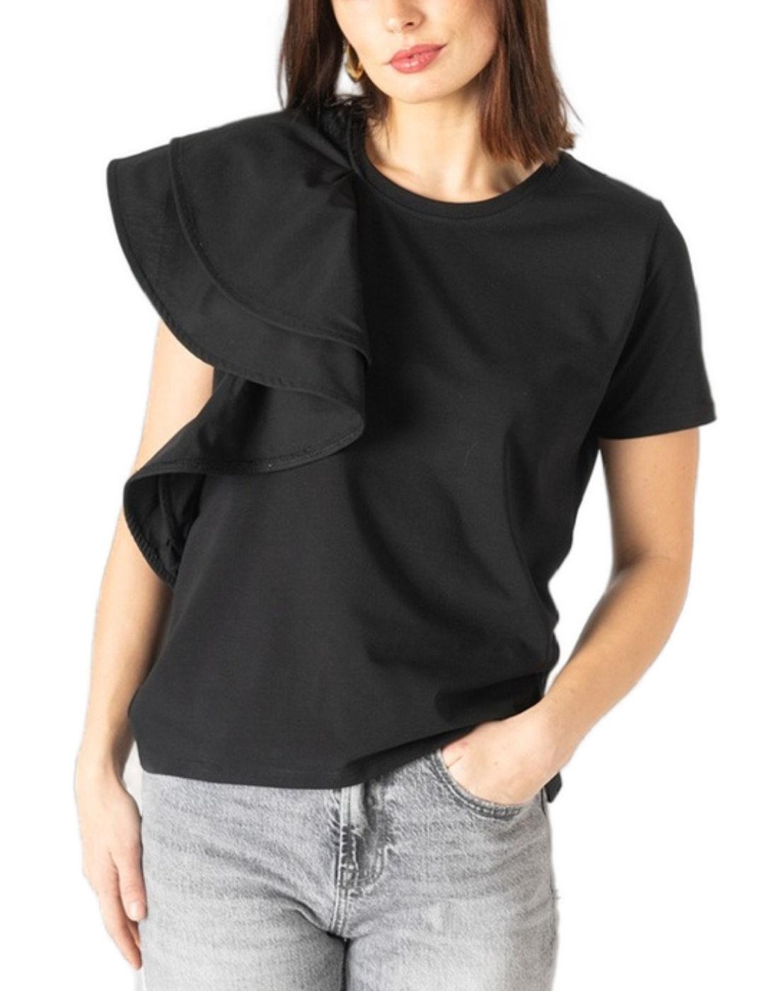 Camiseta Animosa negra volante asimétrico para mujer