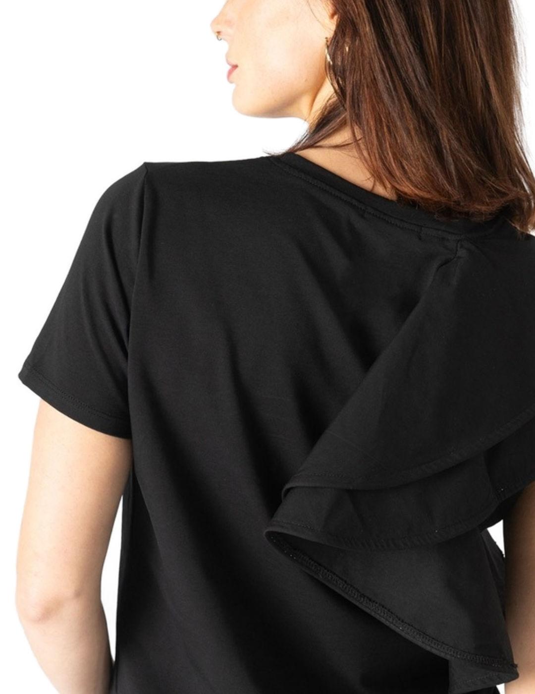 Camiseta Animosa negra volante asimétrico para mujer