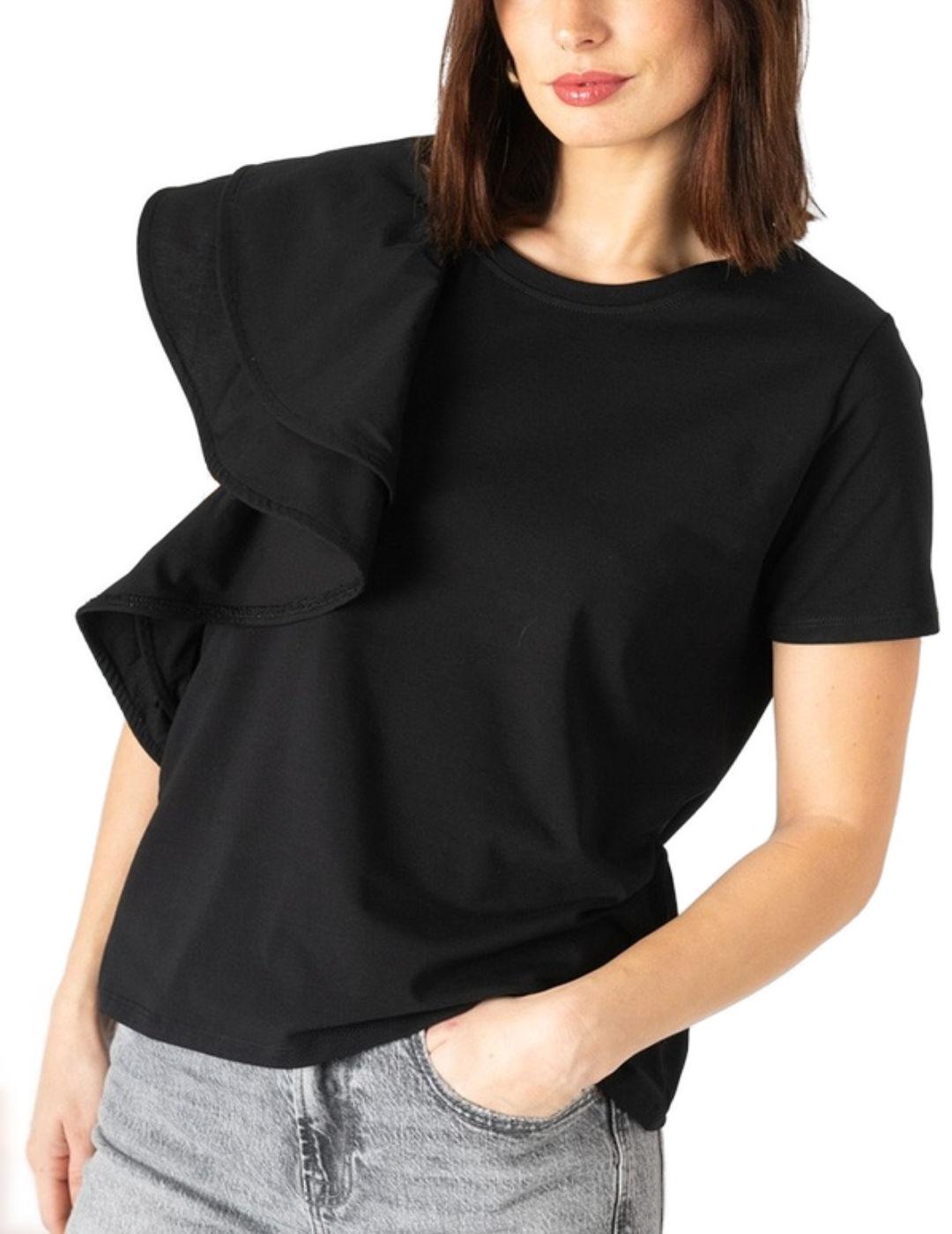 Camiseta Animosa negra volante asimétrico para mujer