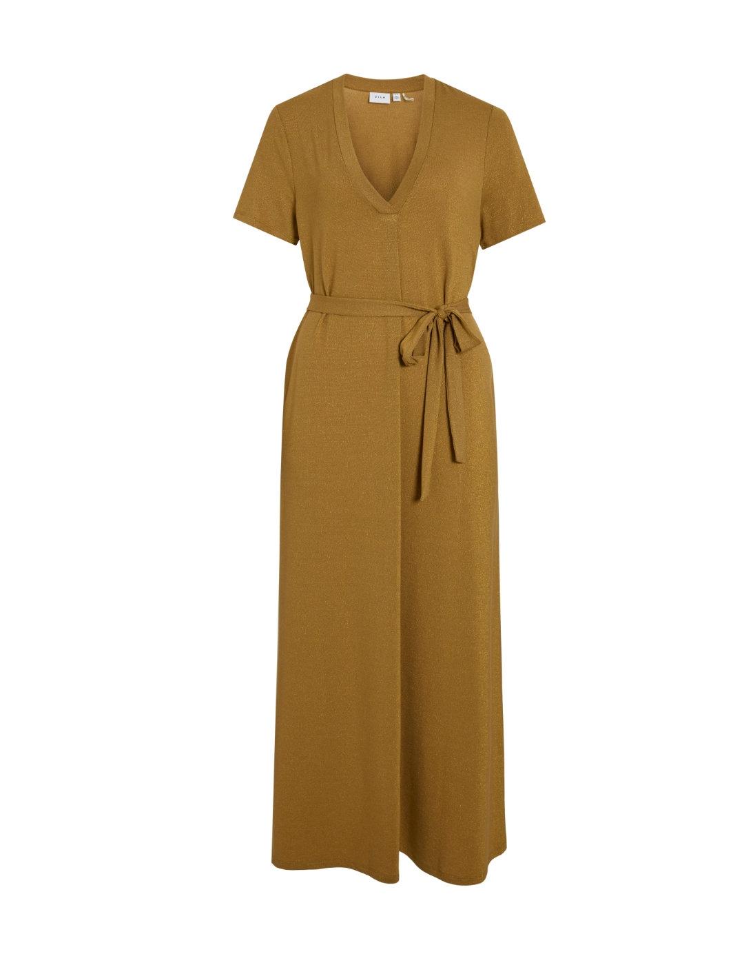 Vestido largo Vila Luxi mostaza lazo para mujer