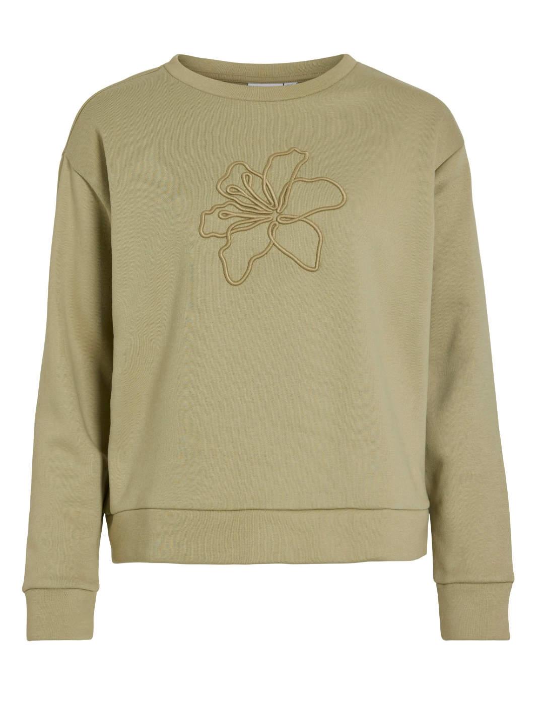 Sudadera Vila Fridea verde afelpada flor bordada para mujer