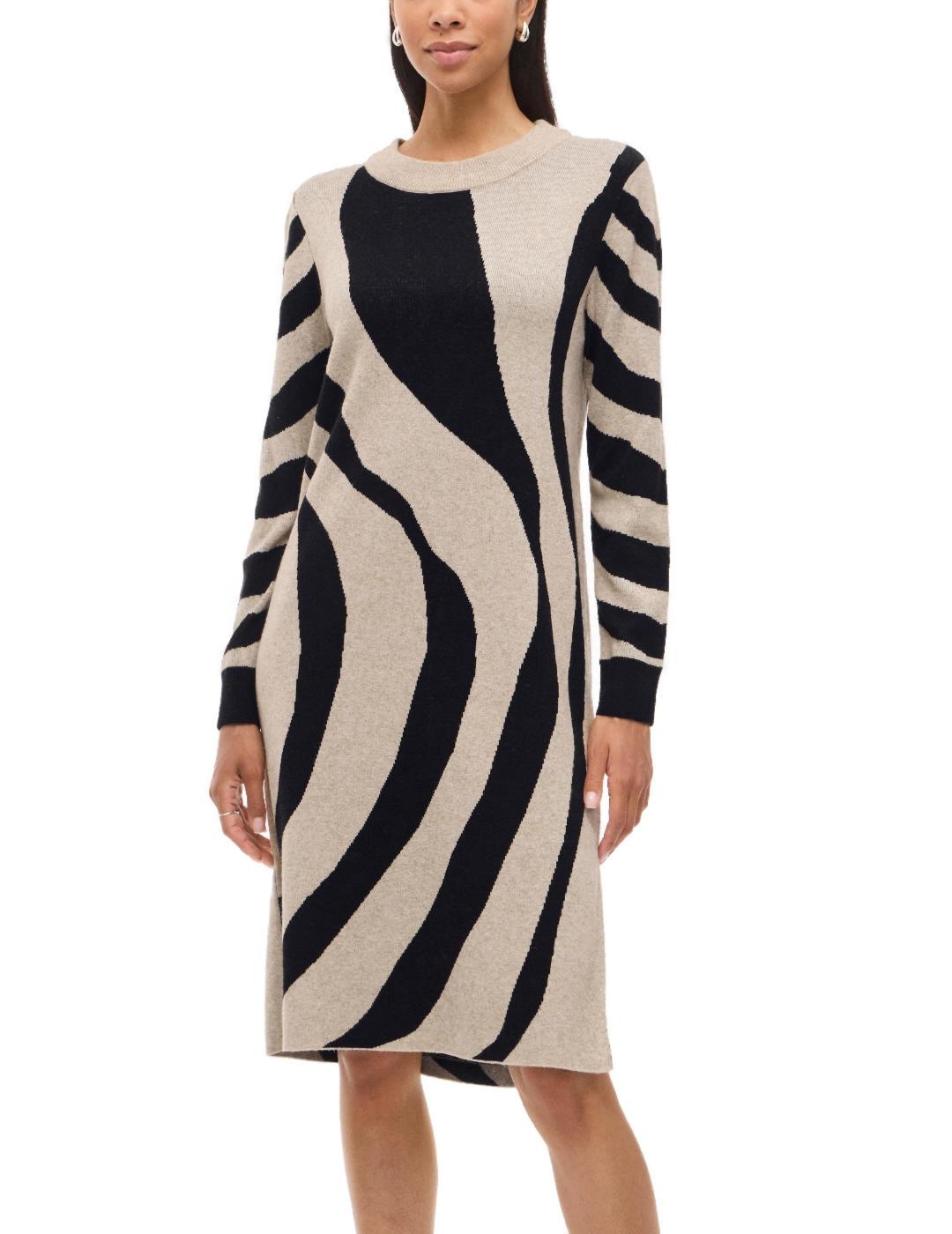 Vestido Vila Tif beige cebra punto manga larga de mujer