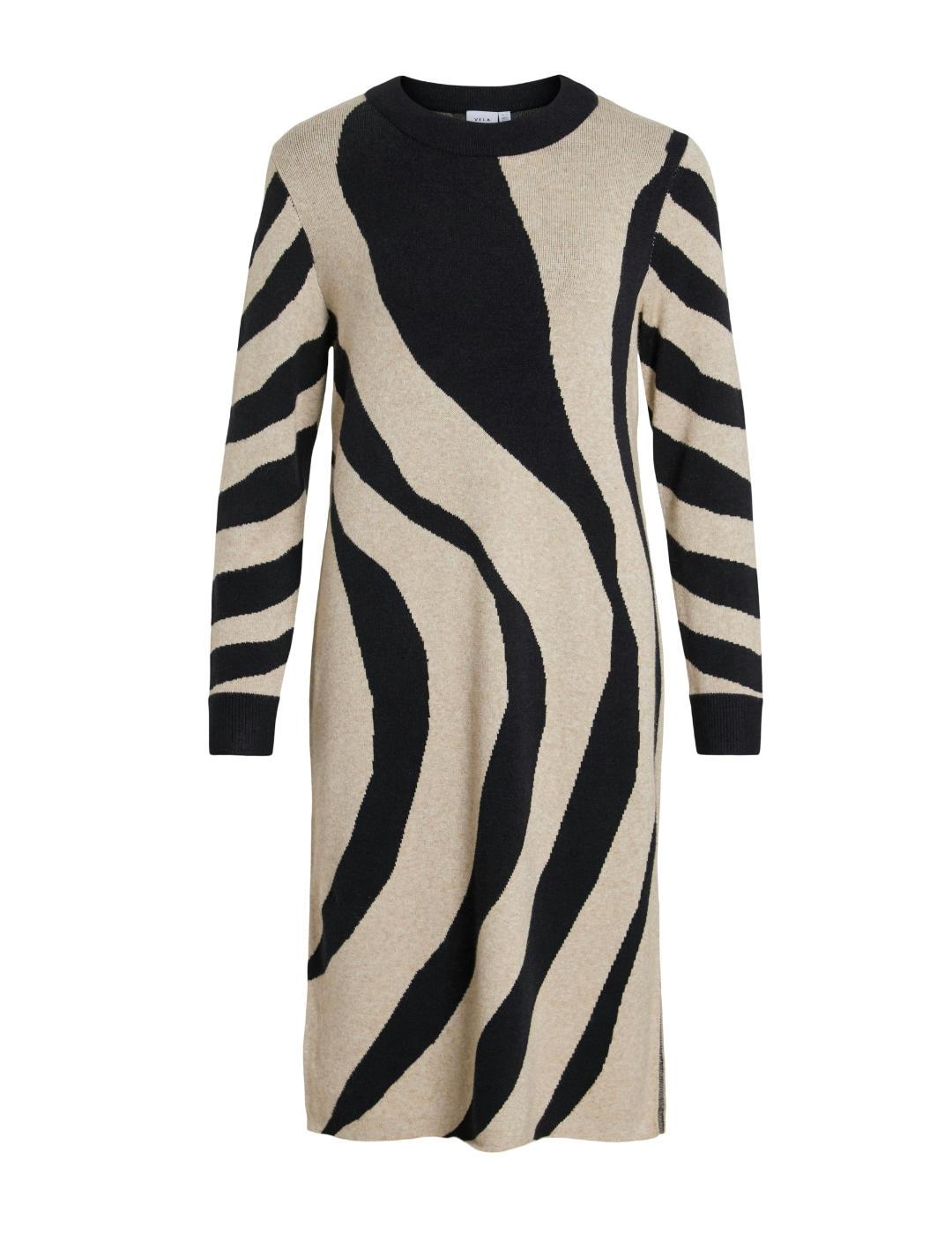 Vestido Vila Tif beige cebra punto manga larga de mujer
