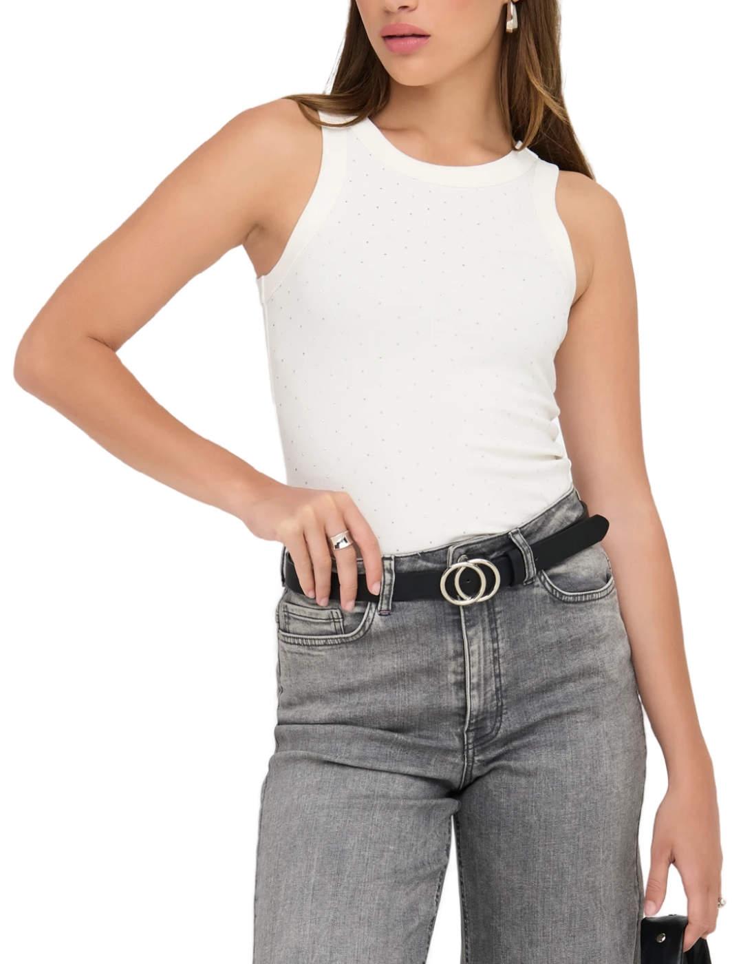 Camiseta Only Arnhem blanca sisa detalle brillos para mujer