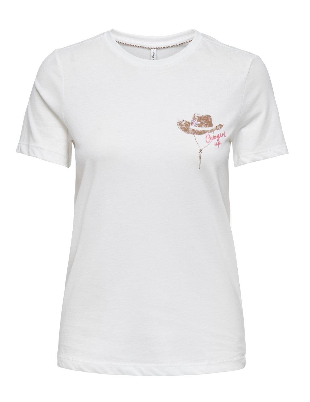 Camiseta Only Kita texana blanca dibujo sombrero de mujer