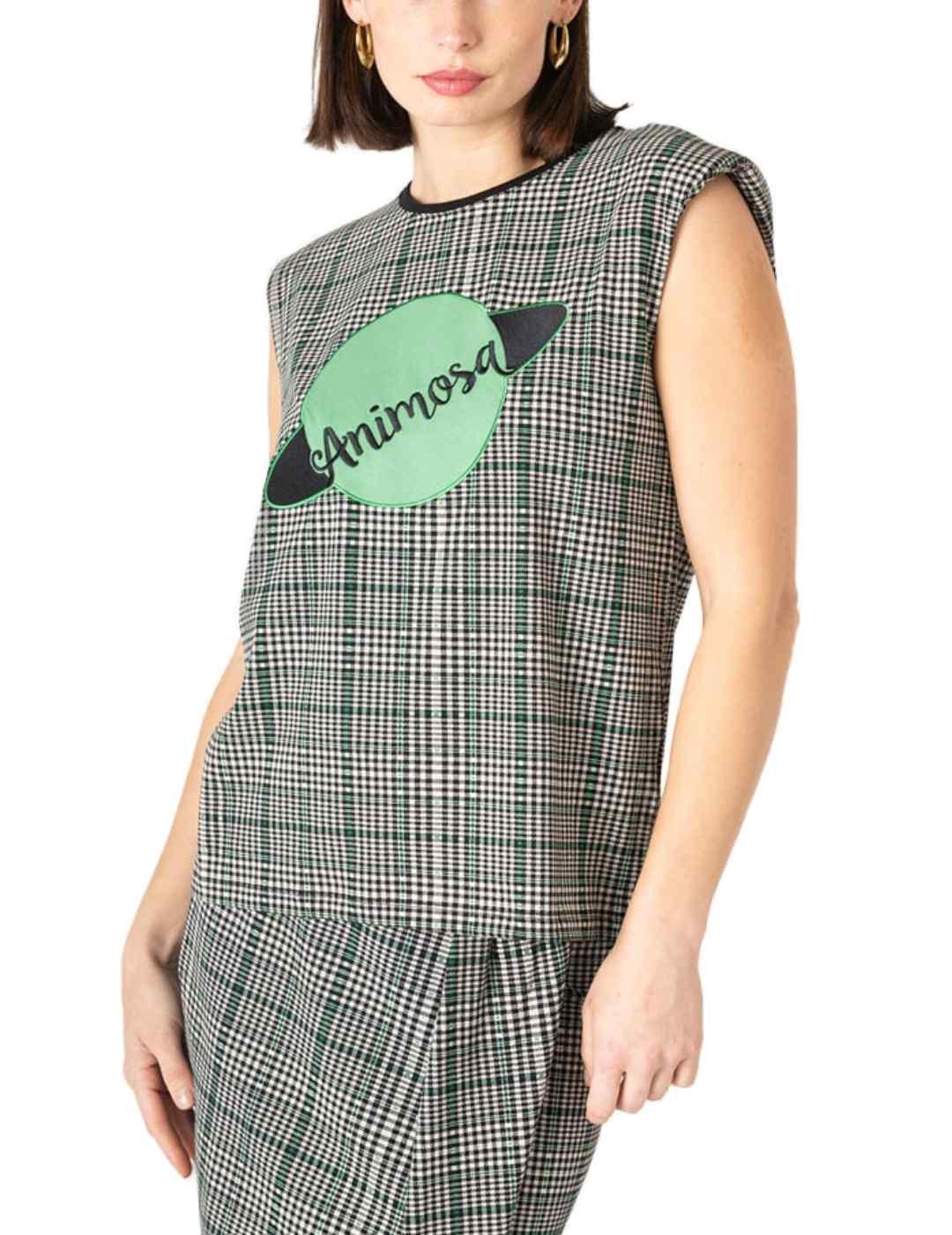 Camiseta Animosa Planeta cuadros gris y verde para mujer