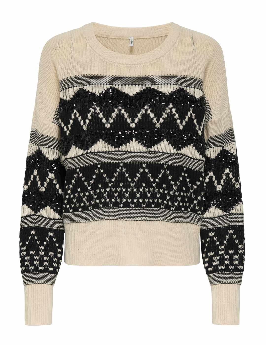 Jersey Only Meline beige y negro grecas con brillo de mujer