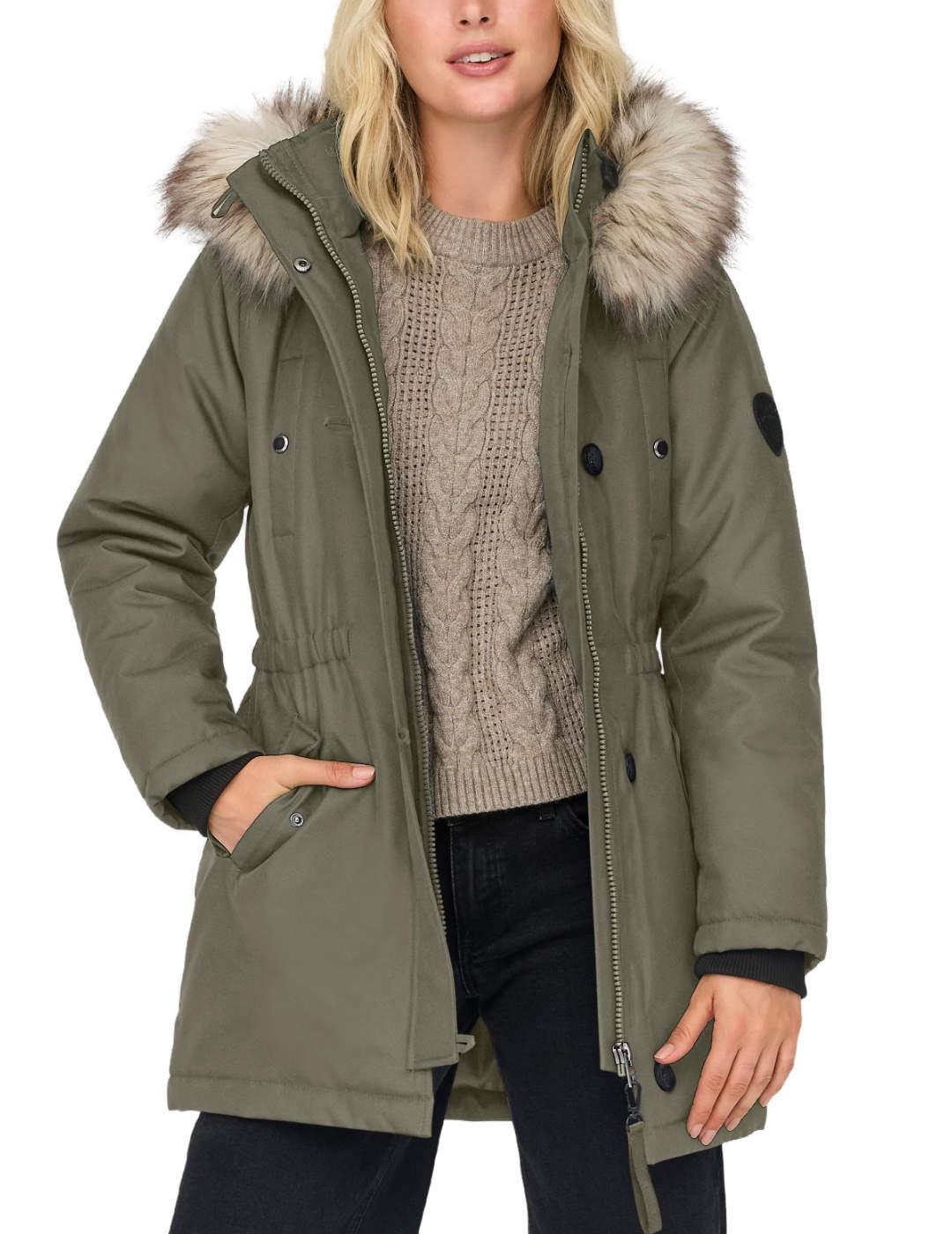 Parka Only Iris verde caqui capucha con pelo de mujer