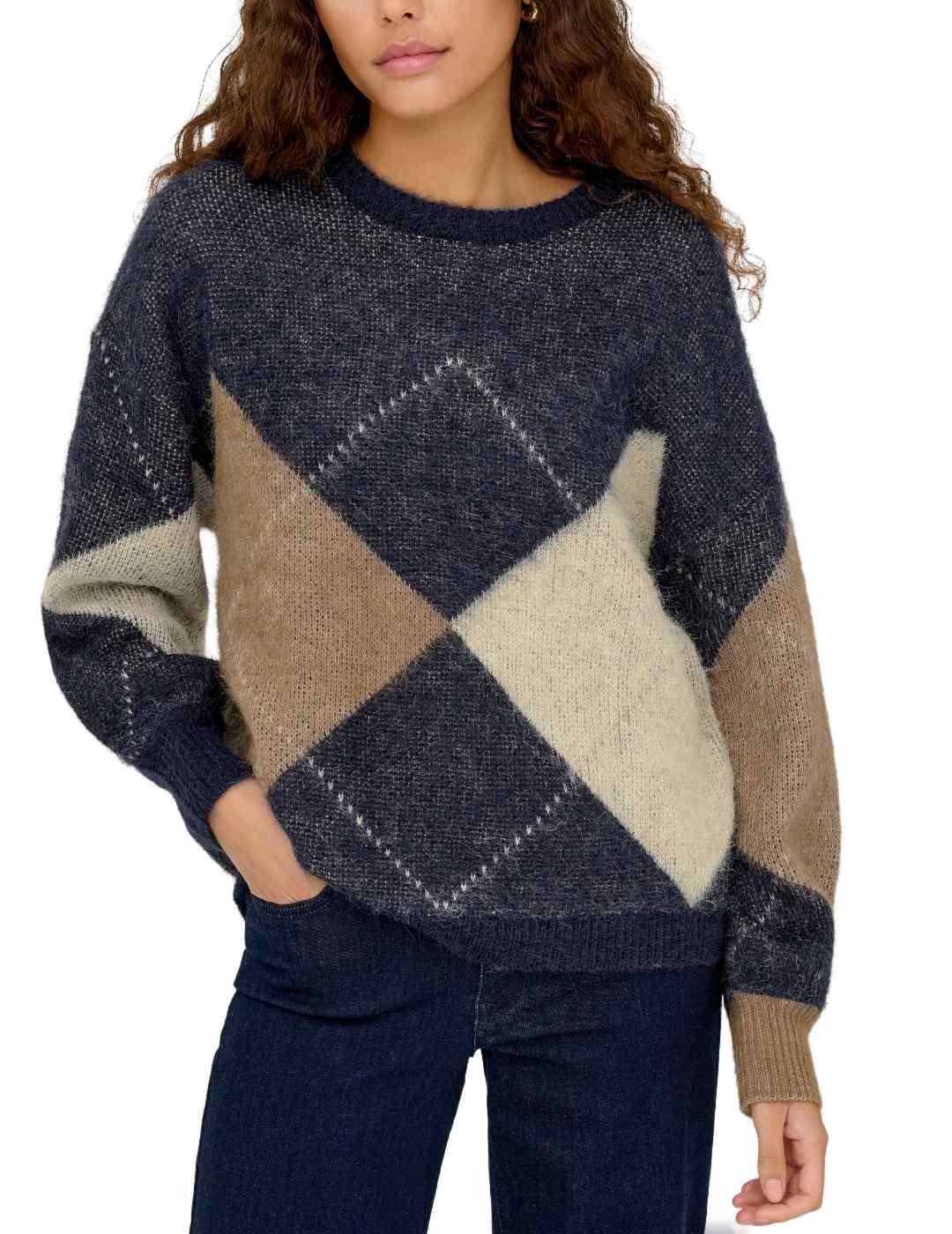 Jersey Only Noeme marino rombos beige/marrón de mujer