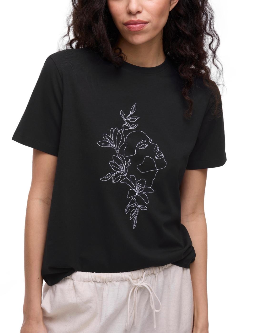 Camiseta Vila Nora negro rostro bordado manga corta mujer