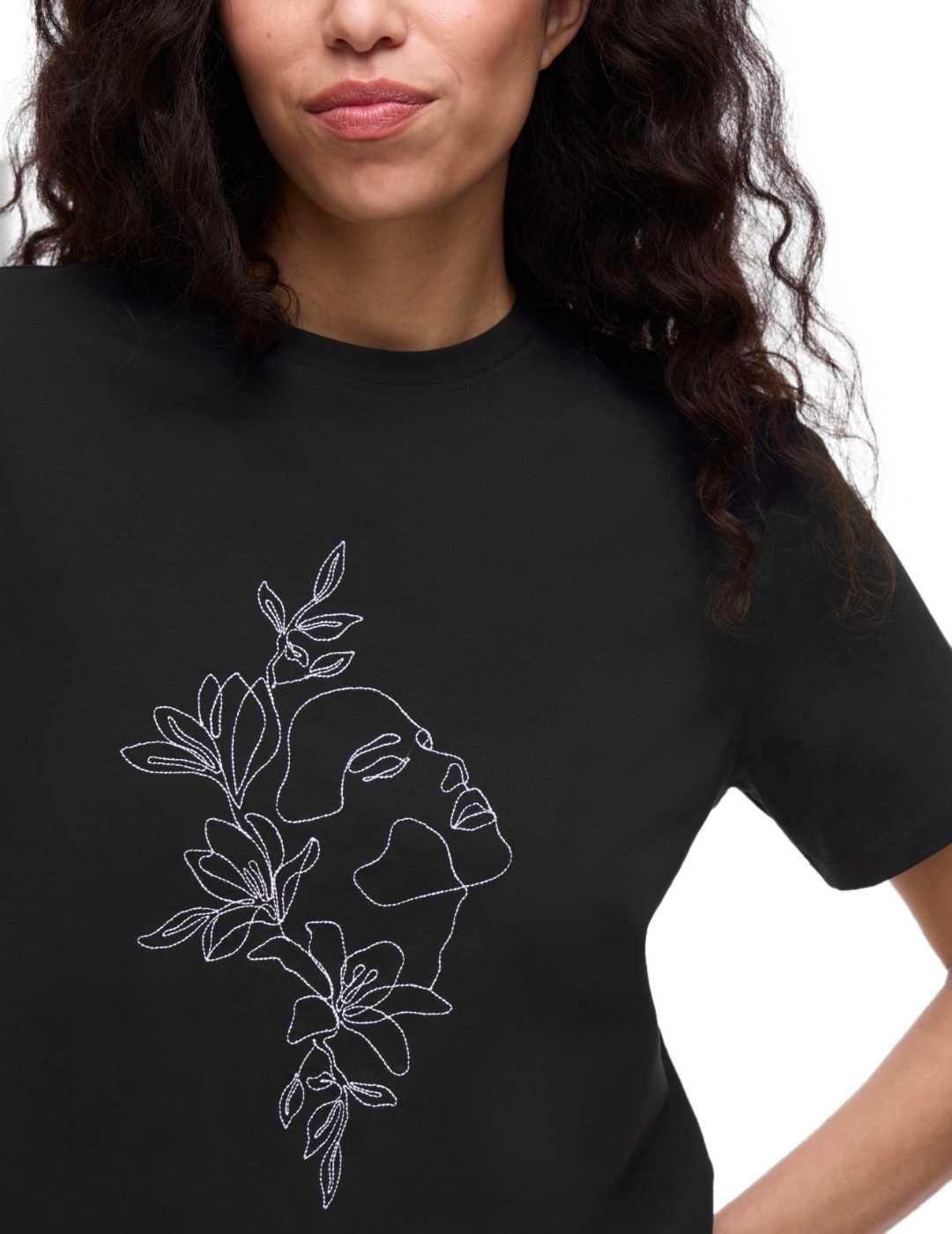 Camiseta Vila Nora negro rostro bordado manga corta mujer