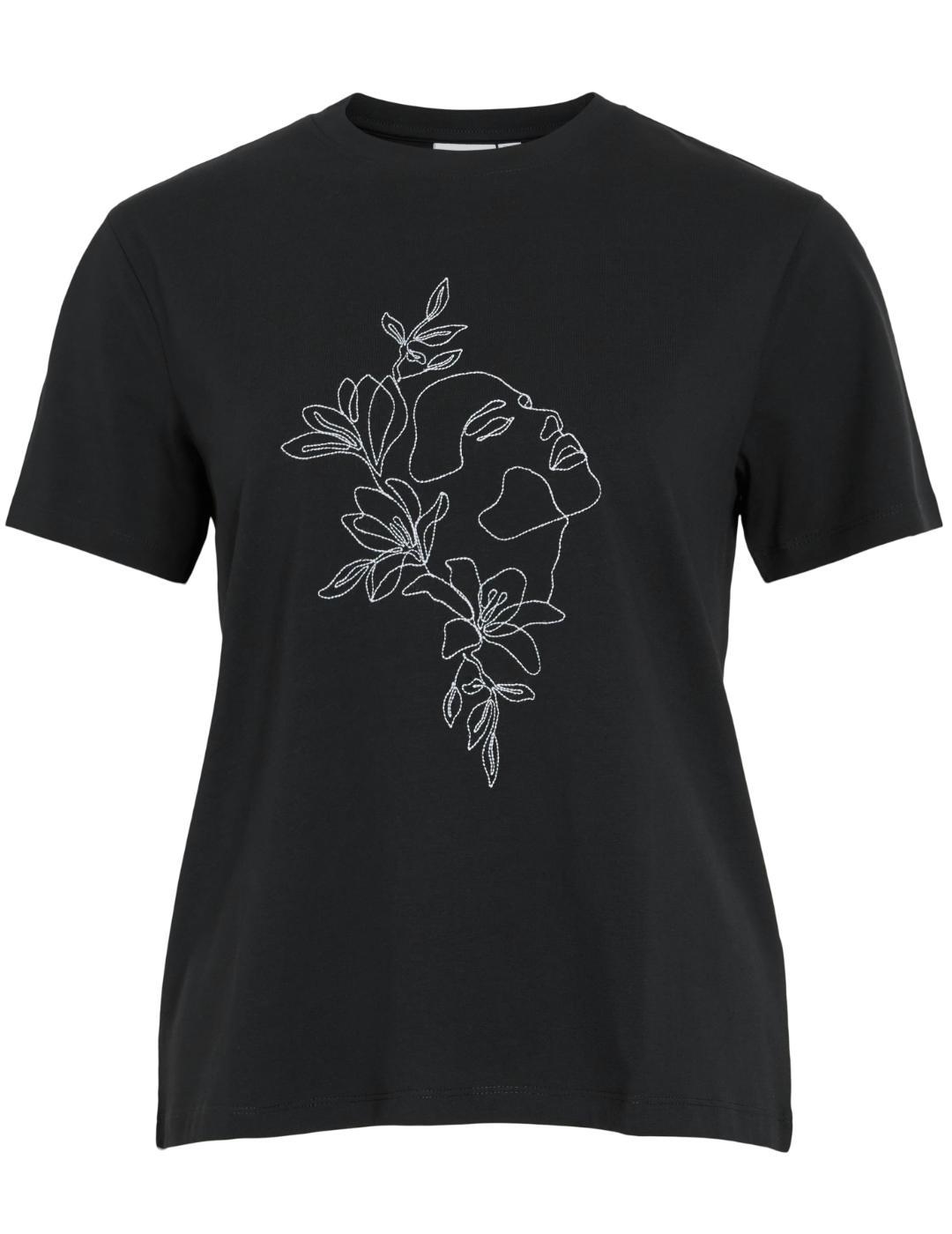 Camiseta Vila Nora negro rostro bordado manga corta mujer