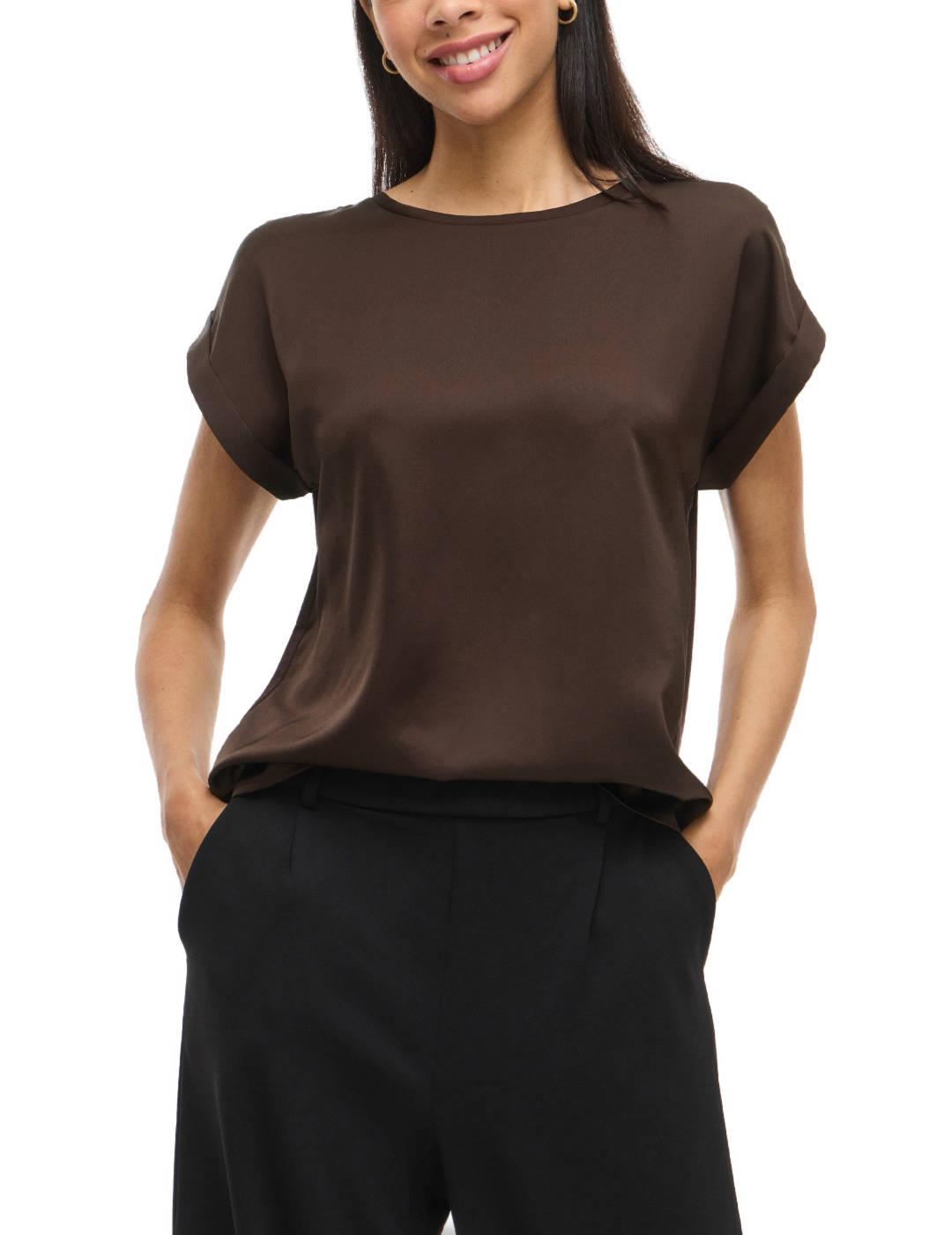 Camiseta Vila Ellette marrón satinada manga corta de mujer