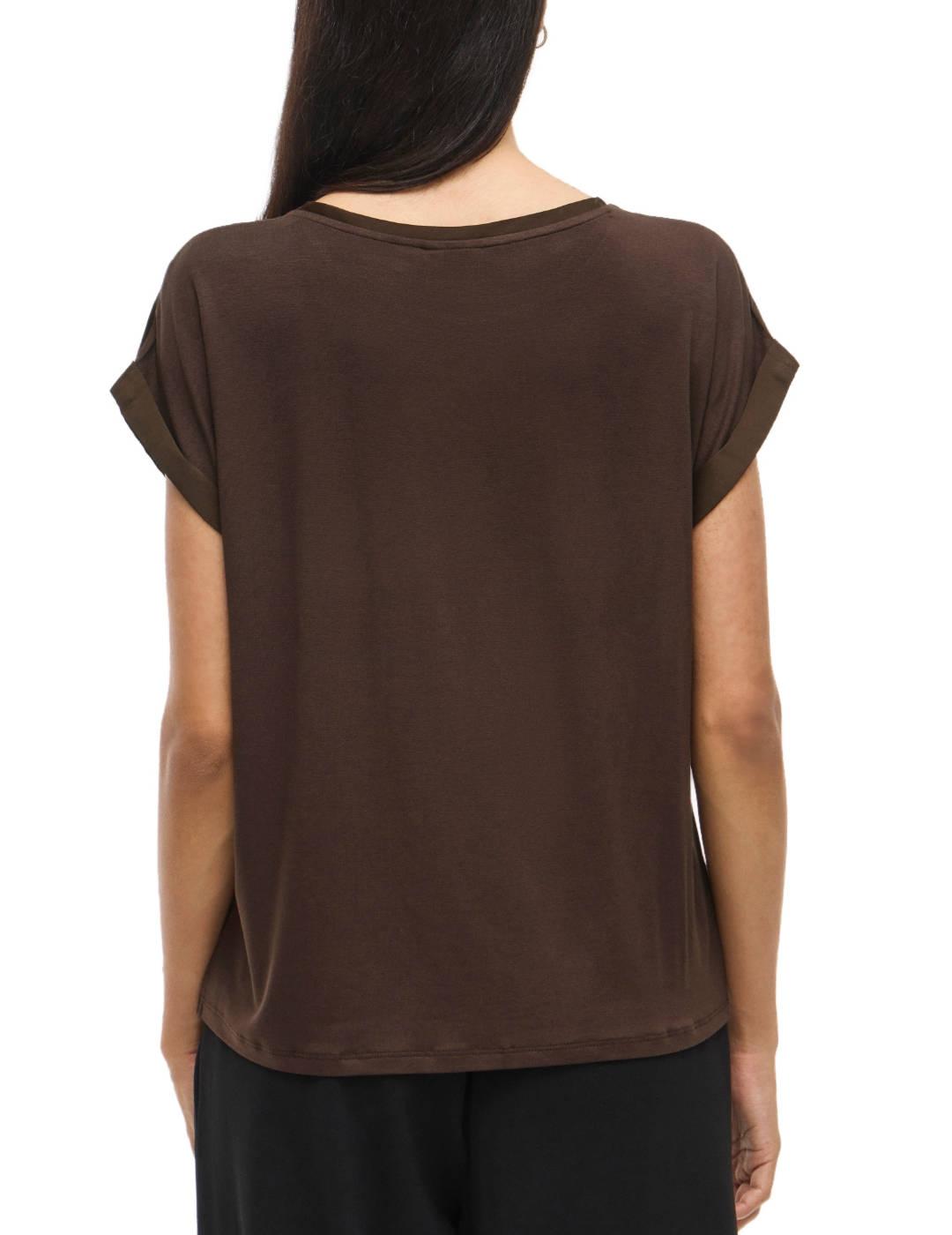 Camiseta Vila Ellette marrón satinada manga corta de mujer
