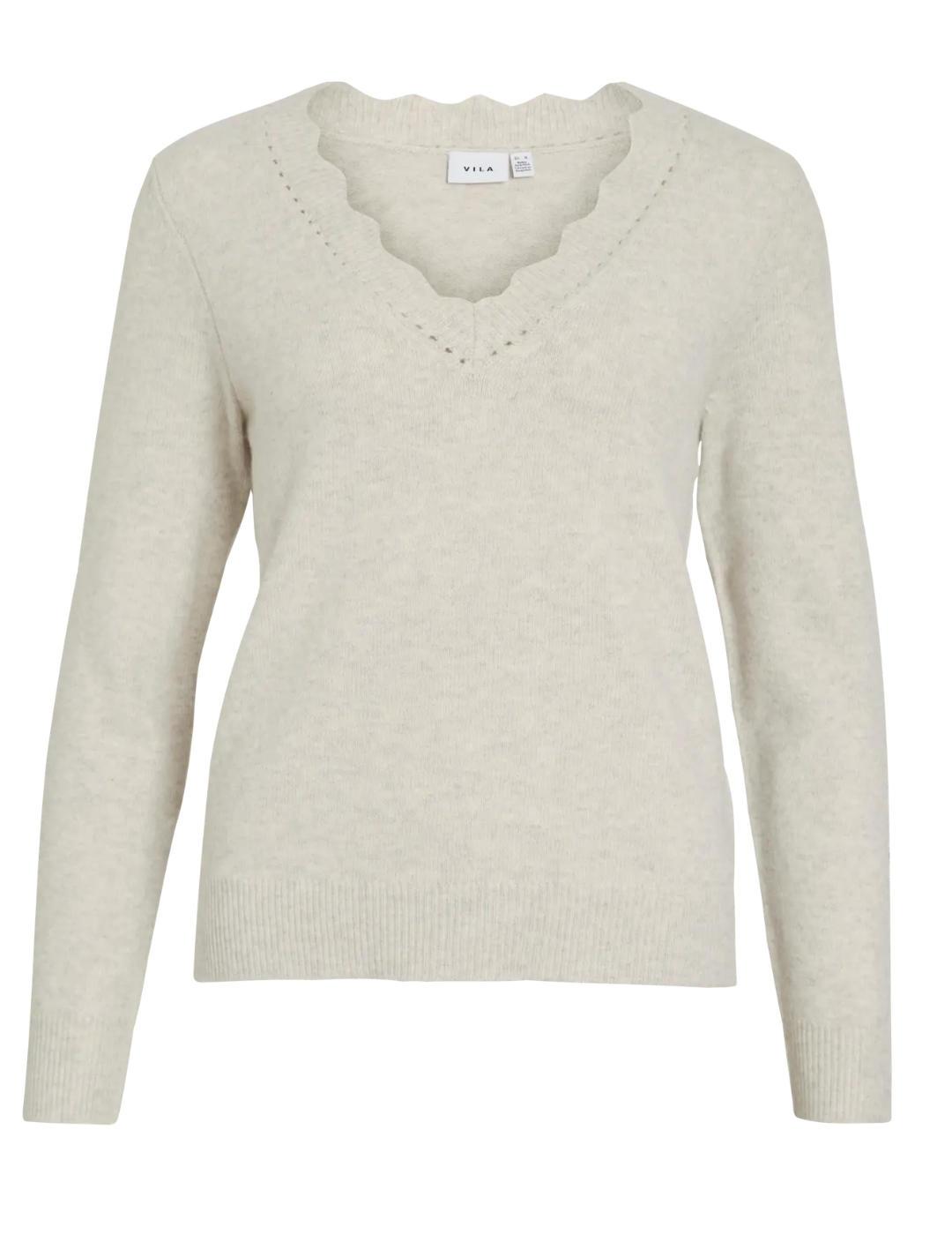 Jersey Vila Nikolina beige cuello pico para mujer